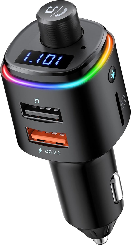 Nulaxy Bluetooth FM Transmitter, QC3.0 Fast Charge Bluetooth Car Adapter, Wireless Radio Car Kit with 7 Color LED Backlit, USB Flash Drive, microSD Card, Glossy Black