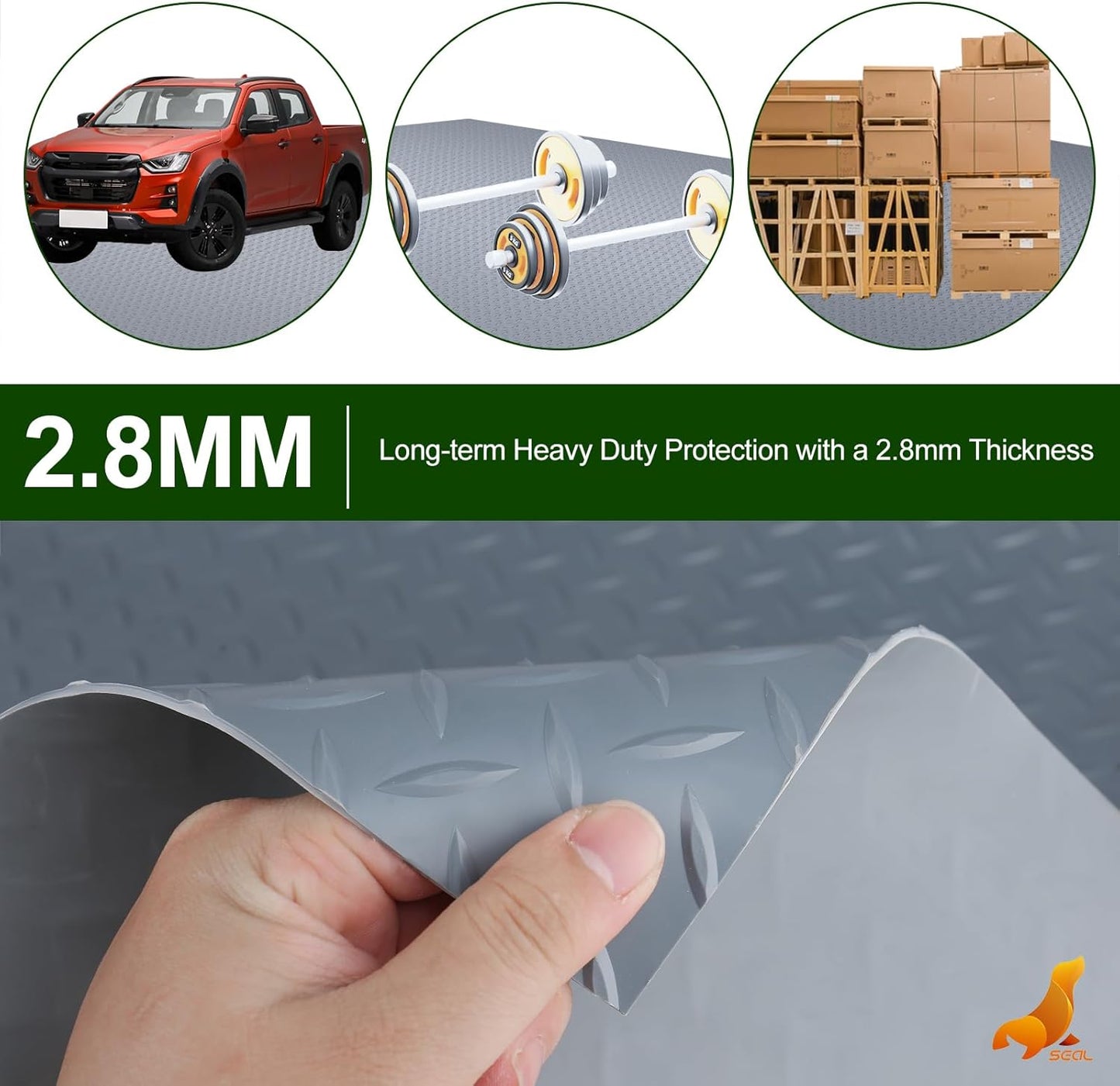 SEAL 5 x 20 Ft Premium Garage Floor Mat, Solid 2.8mm Thick Gray Commercial Grade Heavy Duty Parking Mat for Garage Floor, Golf Cart Parking, Water/Stain Resistant Floor Runner (Embossed Diamond Plate)