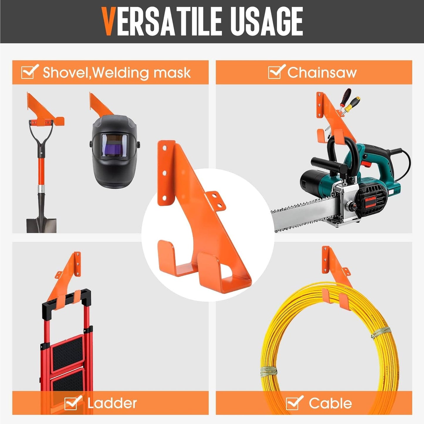 Chainsaw Hanger, Heavy Duty Chain Saw Stand 3-in-1 Wall Mount with Accessory Tool Hooks for Garage Shed Organizer Storage, Includes Mounting Hardware (2 Pack)