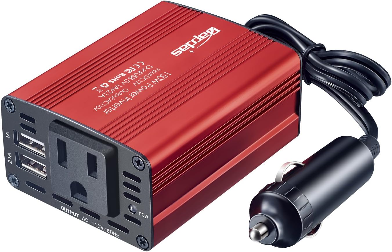 150W Power Inverter 12v to 110v Car Adapter Outlet to Wall Plug with 3.1A Dual USB Car Charger for Laptop Computer-Red