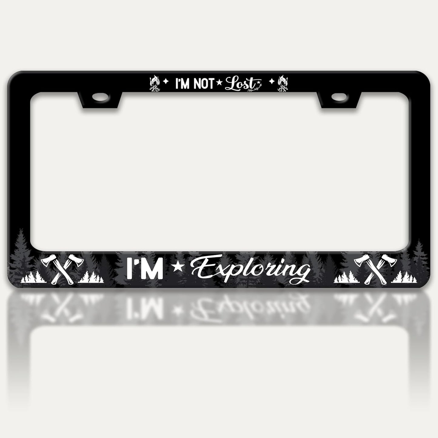 I'm Not Lost I'm Exploring License Plate Frame Adventure Forest License Plate Holders Funny Stainless Steel Auto Accessory Bracket 2 Hole with Screws Universal Us Car License Plate Frames 6x12 Inch