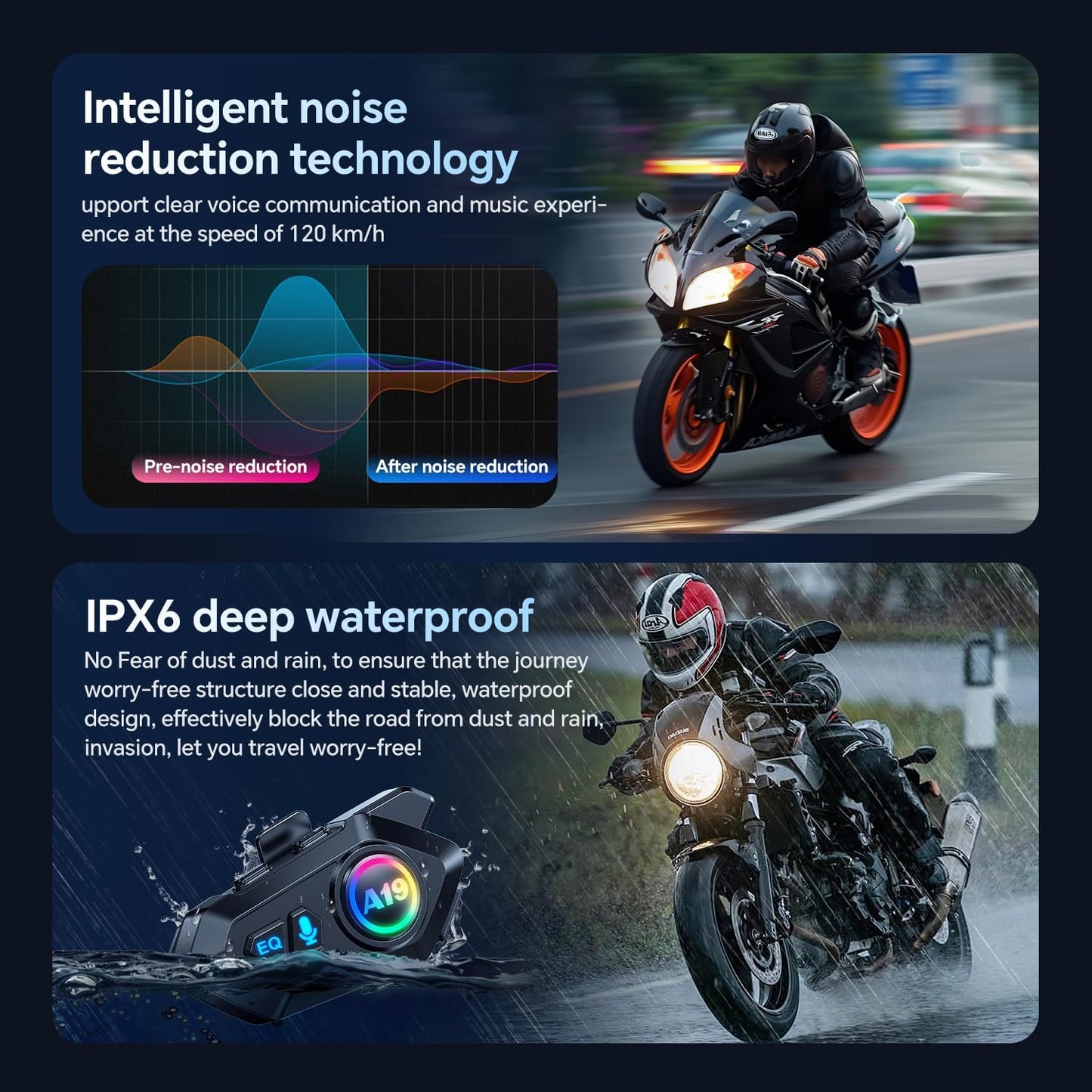 Motorcycle Helmet Bluetooth Headset, Outdoor Wireless Bluetooth 5.4 Headphone Speakers Noise Cancellation Intercom Communication Systems with IPX6 Waterproof/Strong Bass
