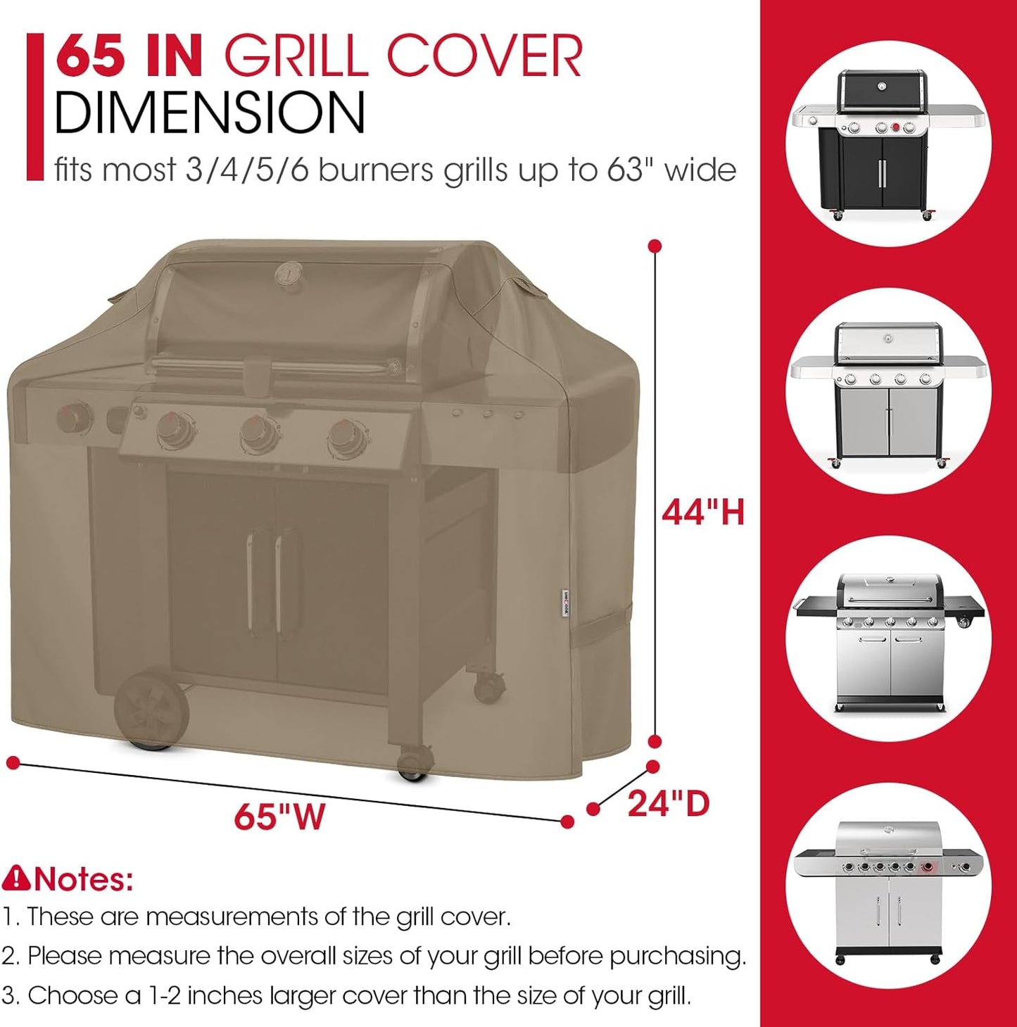 Unicook 65 Inch Grill Cover, Heavy Duty Waterproof Gas Grill Cover for Outdoor, Fade Resistant Barbecue Protector with Sealed Seam, Fits Weber Char-Broil Nexgrill BBQs up to 63" Wide, Neutral Taupe