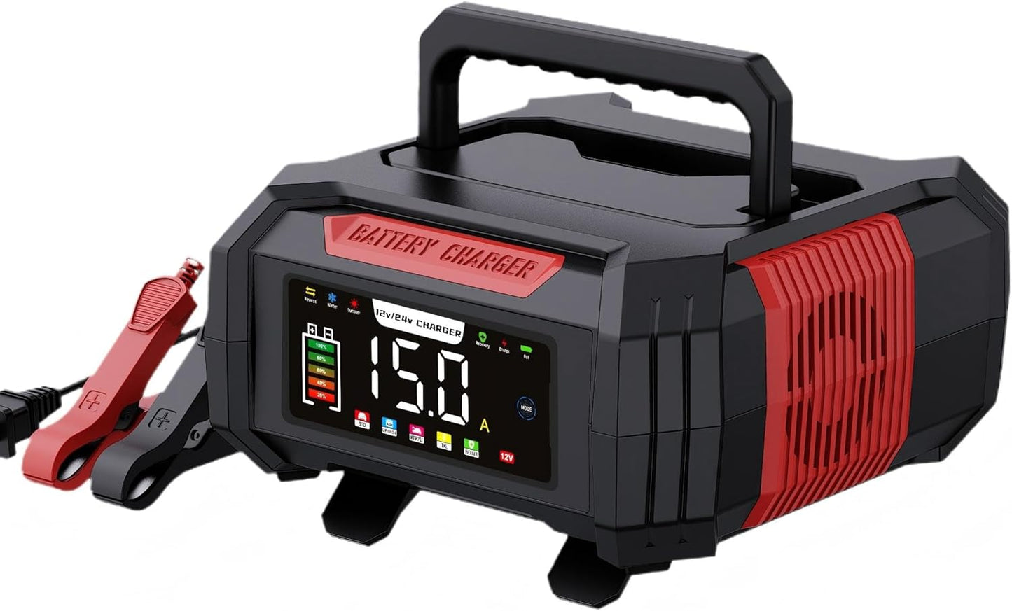 15 Amp Battery Charger, 12V 24V LiFePO4 Car Battery Charger 9-Stage Trickle Portable Charger Smart Battery Maintainer w/Battery Repair, Winter Mode, for AGM, STD, Gel, Lead Acid,Deep Cycle Batteries