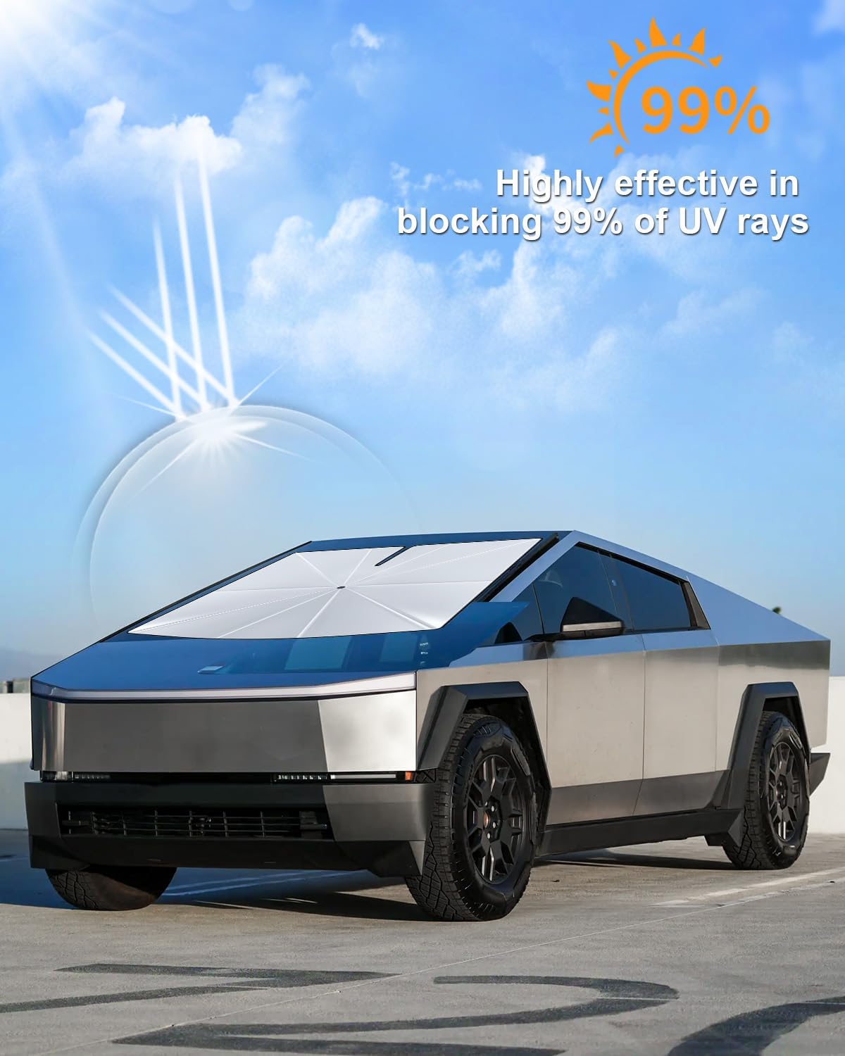 helloleiboo [2025 Upgrade] Car Windshield Sun Shade for Tesla Cybertruck-Foldable Windshield Sun Shade 64 * 58-Reflects UV Automotive Interior Sun Protection Easy to Use/Store