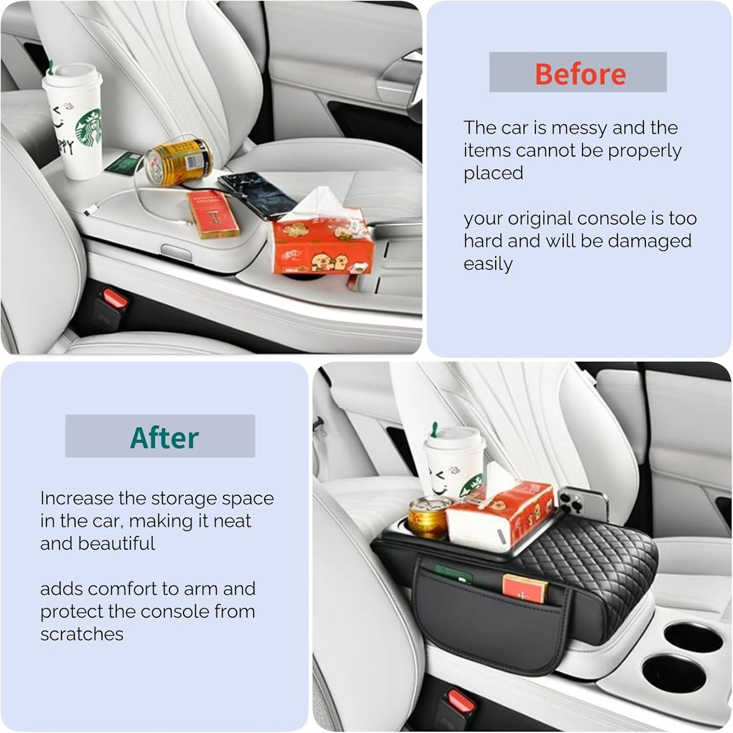 Upgrade Arm Rest Cover for Car, 5-in-1 Middle Console Cover Cushion Pad with Cup Holders & Side Pockets, Center Armrest Storage Box, Black