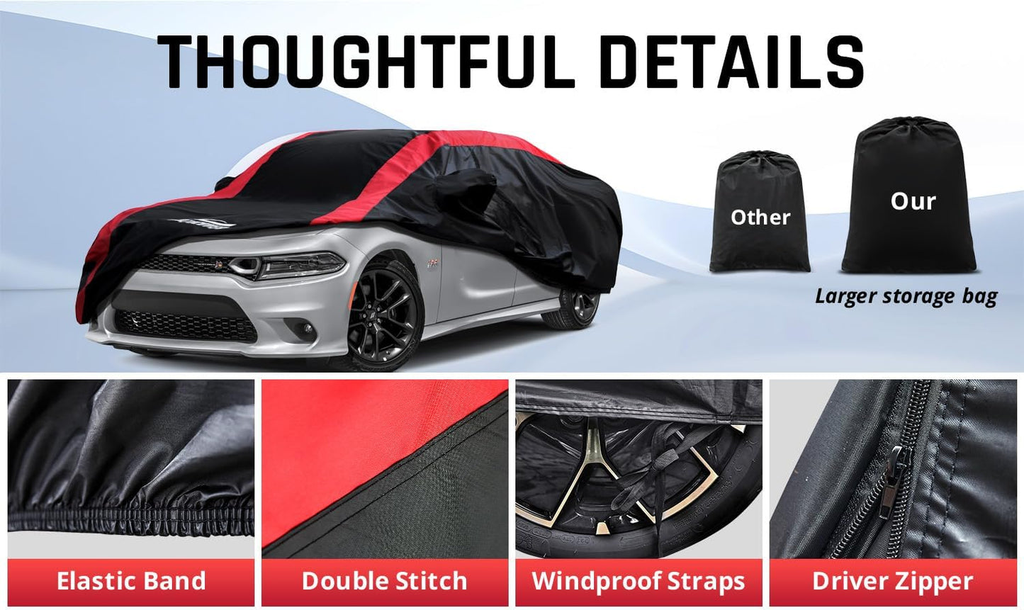 Dodge Charger Car Cover Waterproof All Weather with Red Strip Design, Custom Fit for Dodge Charger 2006–2023, Charger Accessory with Door Zipper & Windproof Straps