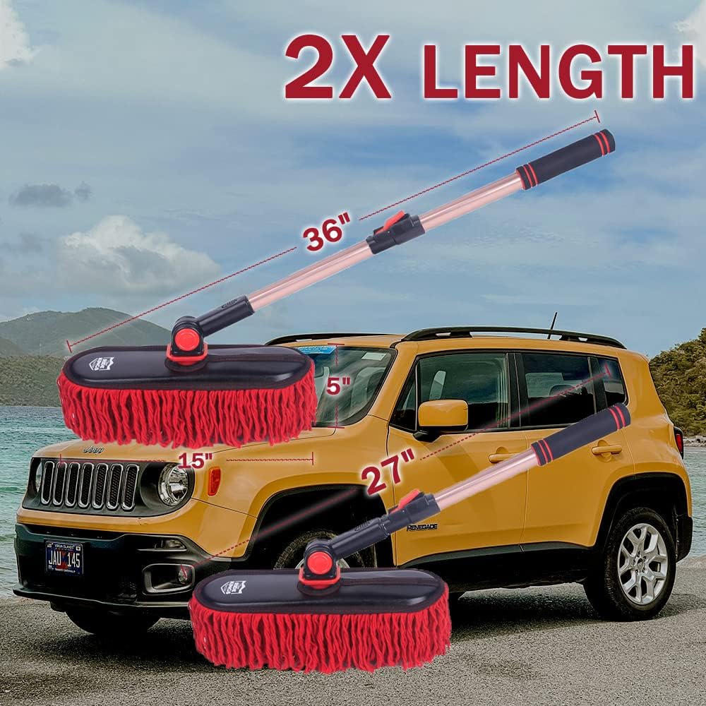 Car Duster Exterior Scratch Free,Car Dust Brush with Extendable Telescoping Handle to Remove Dust Pollen,Duster for Car,Truck,RV and Motorcycle,Large Auto Mop Duster Head, Wax Cotton Hair