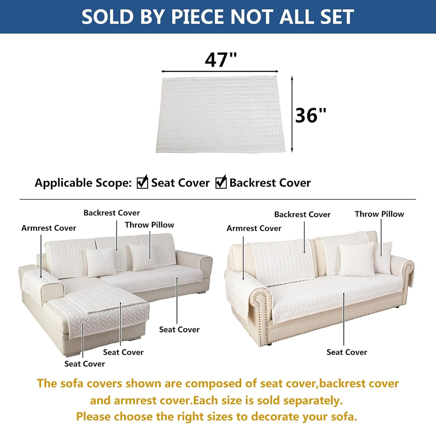 Eismodra Couch Cover,Sectional Couch Covers,Sofa Covers for 3 Cushion Couch,Anti-Slip Sofa Slipcovers for Dogs Cats Kids Loveseat Recliner L Shaped Armrest Backrest,White 36''x47''(Only 1 Piece)