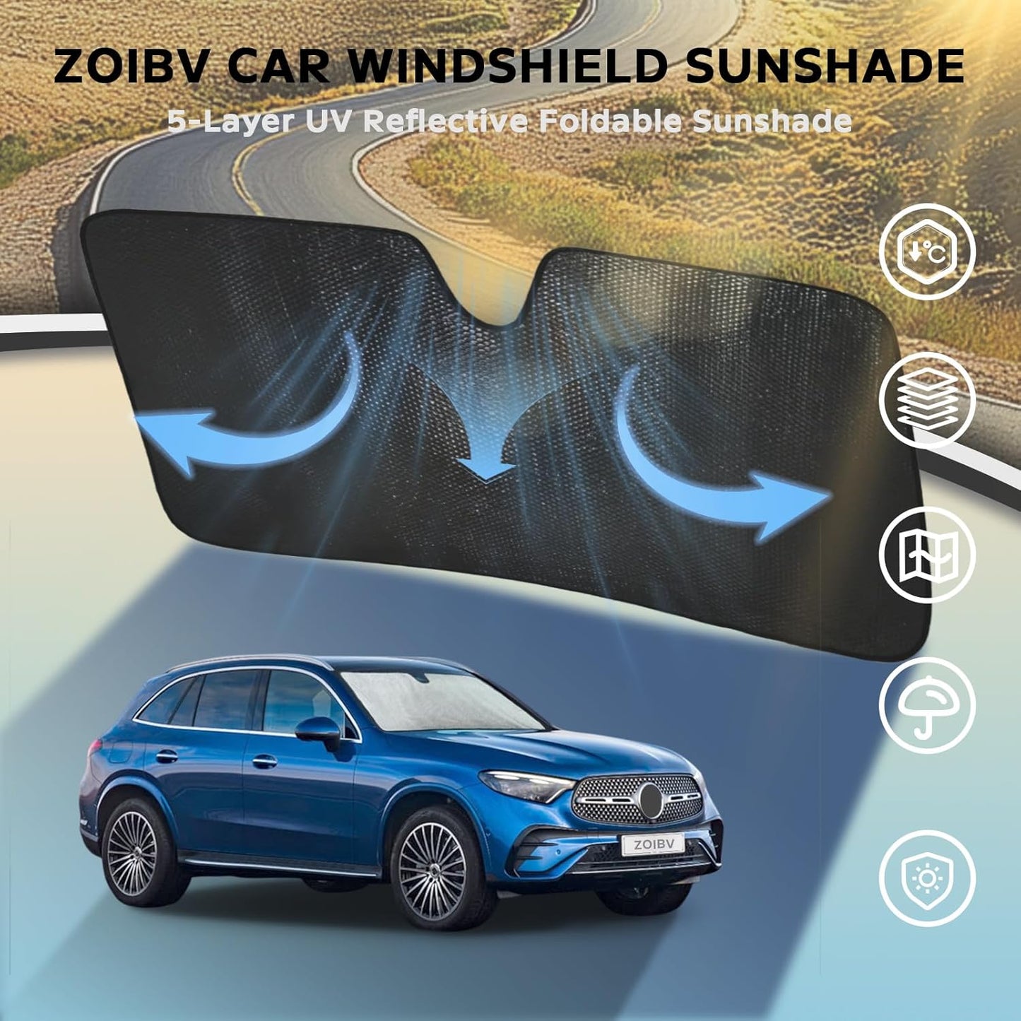 Windshield Sun Shade for Mercedes-Benz GLC SUV 2016-2022 - 5-Layer Bubble Foldable Front Window Shade Sun Visor Accessories - Blocks Heat & UV Rays