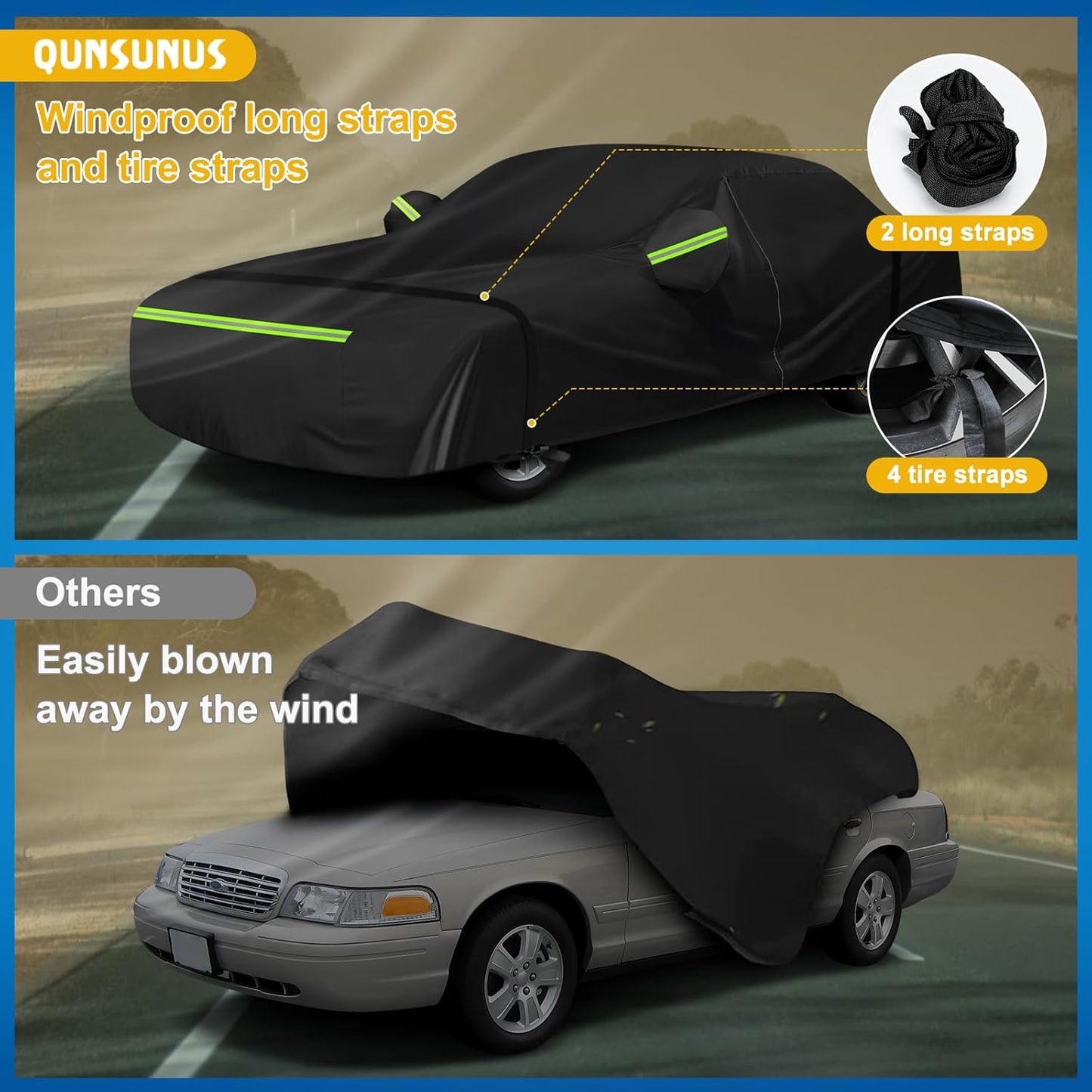 QUNSUNUS Waterproof Car Cover for Chevy Caprice 1966-1970 and 1977-1996, All Weather Outdoor Crown Victoria Cover 1992-2012 with Straps and Zipper