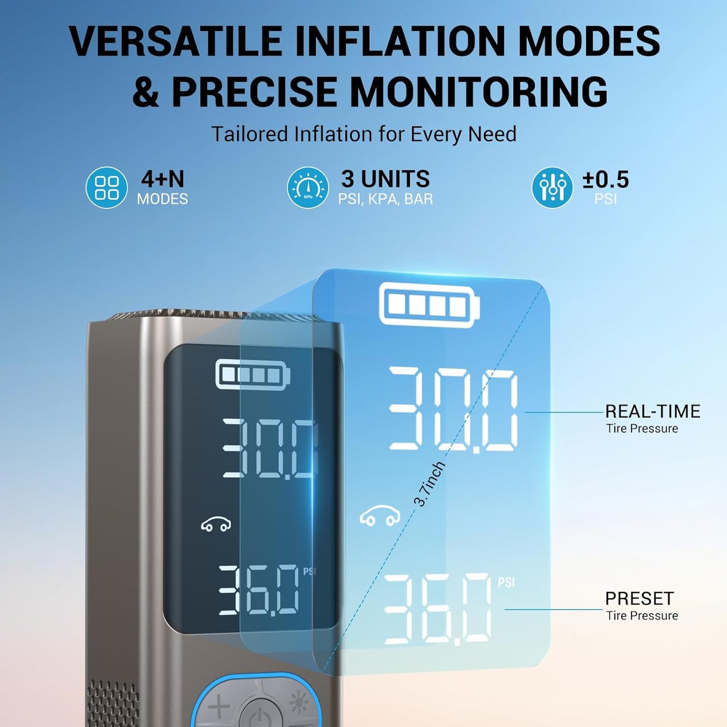 AVAPOW AP18 Tire Inflator Portable Air Compressor, 300% Faster 150 PSI Cordless Air Pump with Tire Pressure Gauge, 3.7″ Dual LCD Screen, Auto-Shuts Off Tire Pump for Car, Motorcycle, Bicycle, Gold