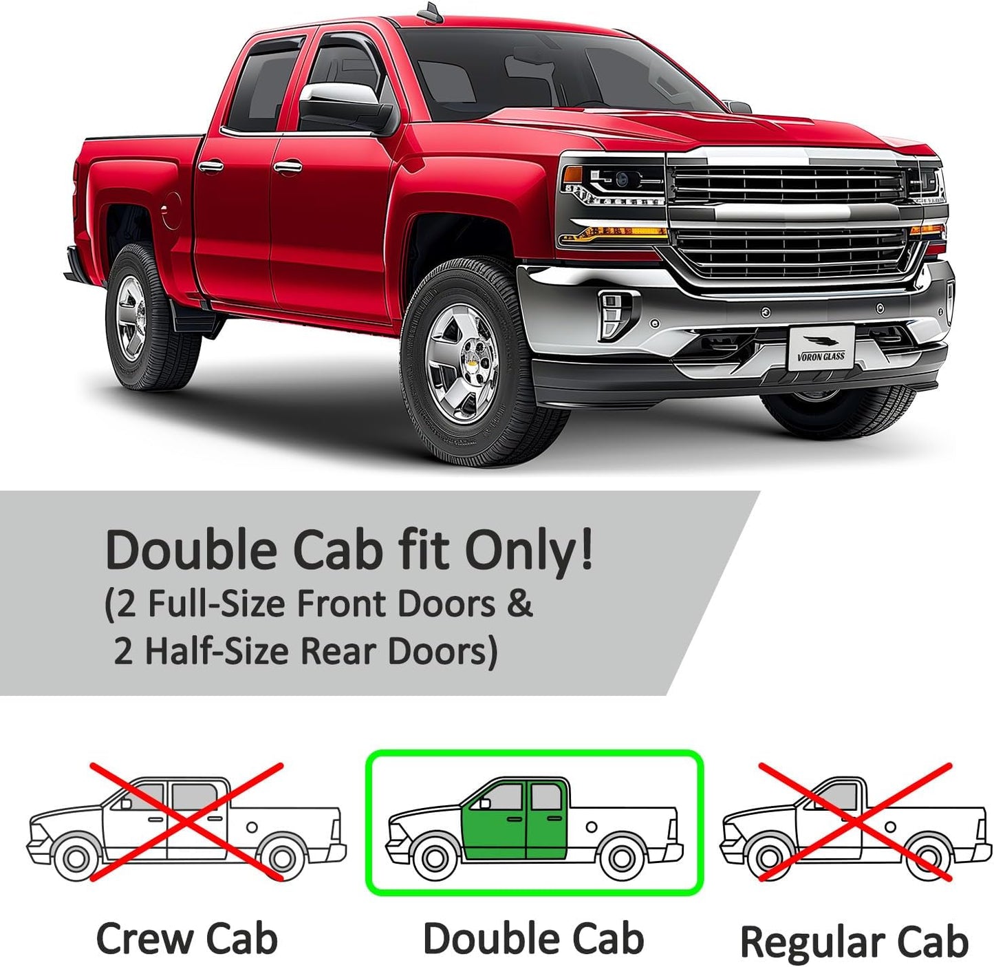 Voron Glass in-Channel Extra Durable Rain Guards for Trucks Chevrolet (Chevy) Silverado/GMC Sierra 2014-2018 Double Cab, Window Deflectors, Vent Window Visors, 4 Pieces - 230092