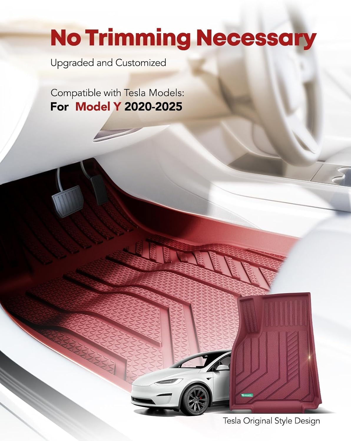 YHTAUTO Custom Fit Red Car Floor Mats for Tesla Model Y 2025-2020 5 Seater, All Weather TPE Car Mats Carpet, Front Rear Trunk Cargo Storage Liner Mats, Anti-Slip Waterproof, Set of 6