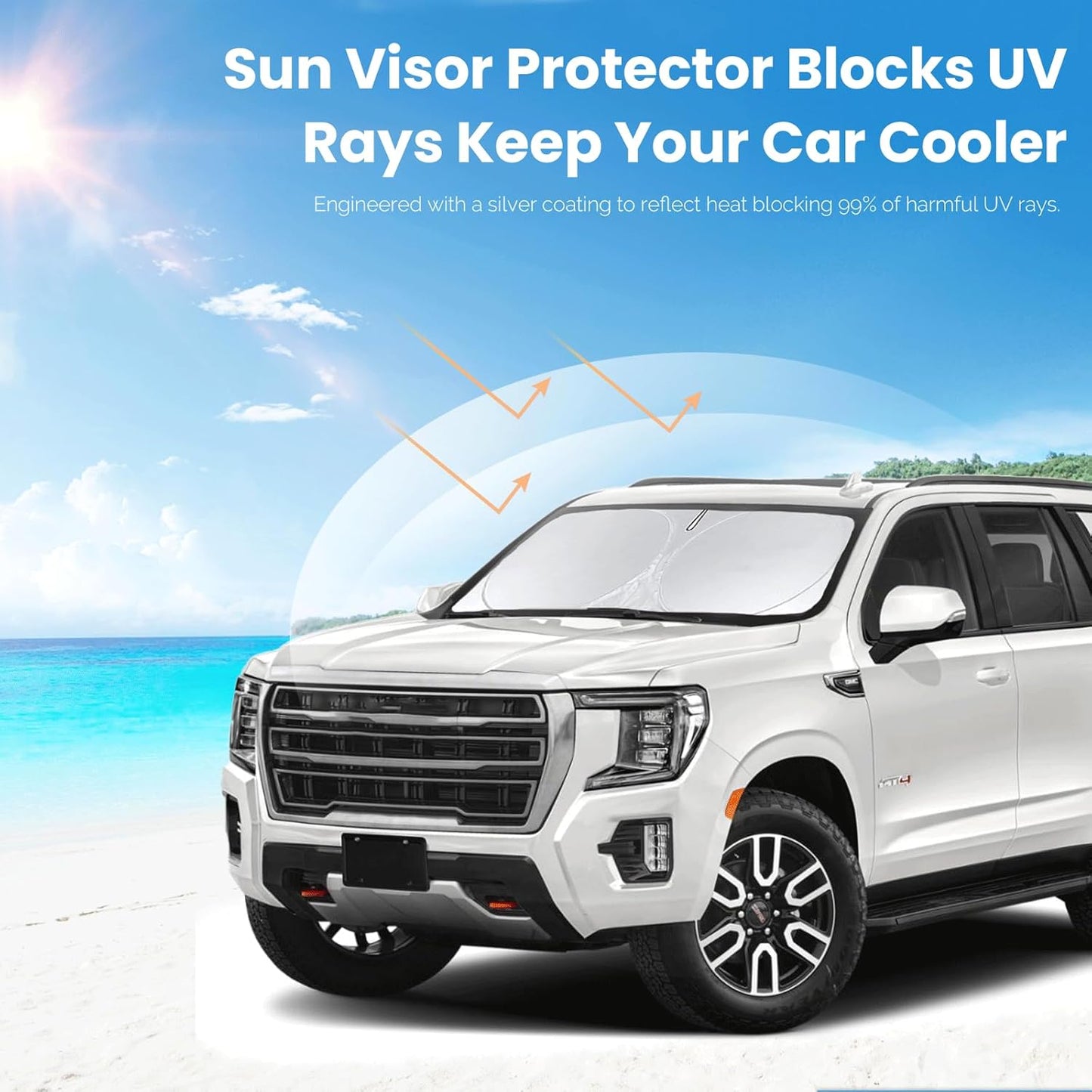 Custom Windshield Sunshade for 2021 2022 2023 2024 2025 GMC Yukon XL Accessories Front Window Shades Cover for Windshield Sun Visor Screen Protector 210T Reflective Blocks UV Rays Cool Car Accessories