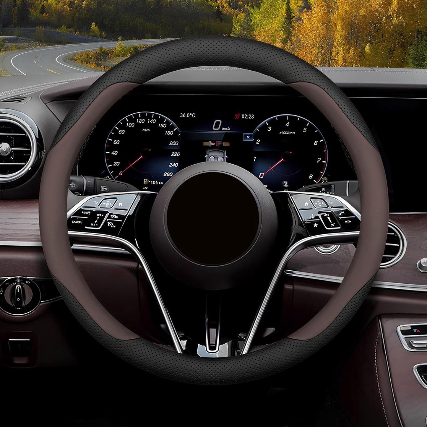 Steering Wheel Cover Standard Size Medium 14.5-15 inch, Breathable Microfiber Leather, Anti-Slip, Soft Grip, Universal Fit for Cars SUVs Trucks, Black and Chocolate Brown