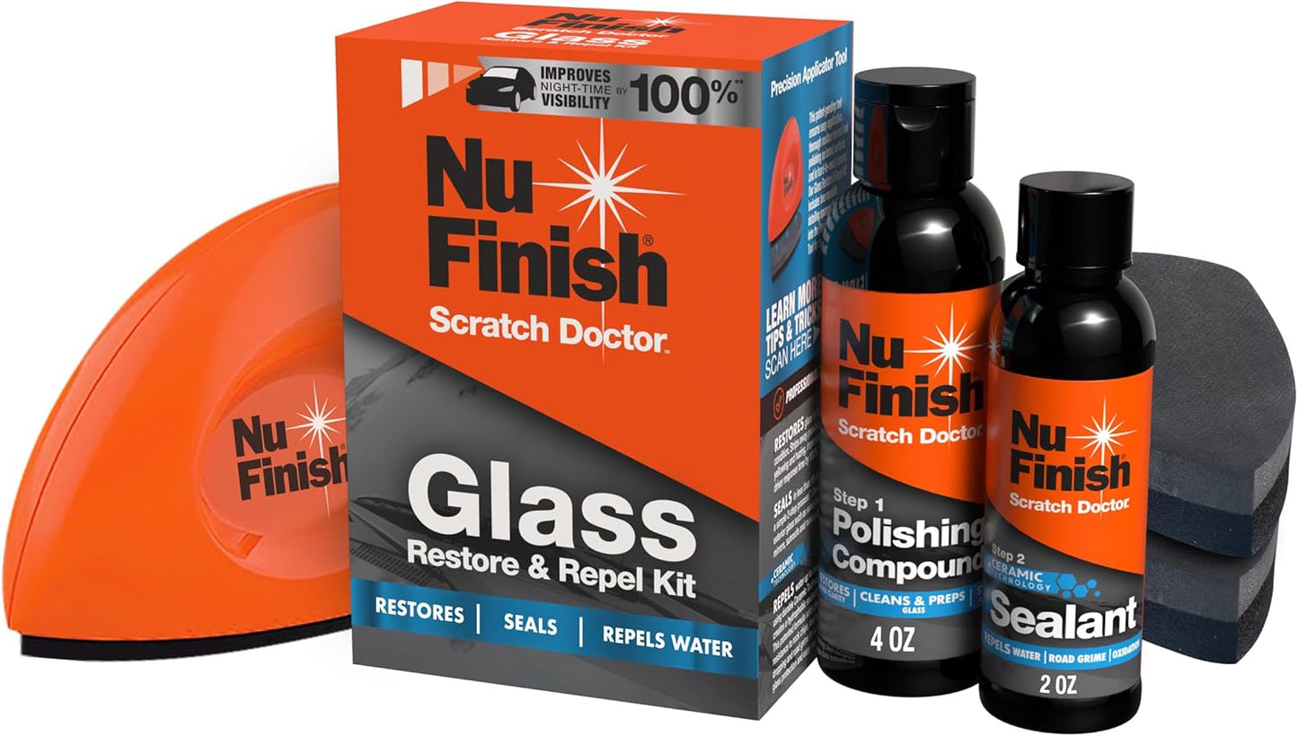 Nu Finish Glass Restore & Repel Kit, Two Step Regimen for Car Windshield, Includes Polishing Compound, Ceramic Sealant, Precision Applicator Tool, and 2 Reusable Sponges