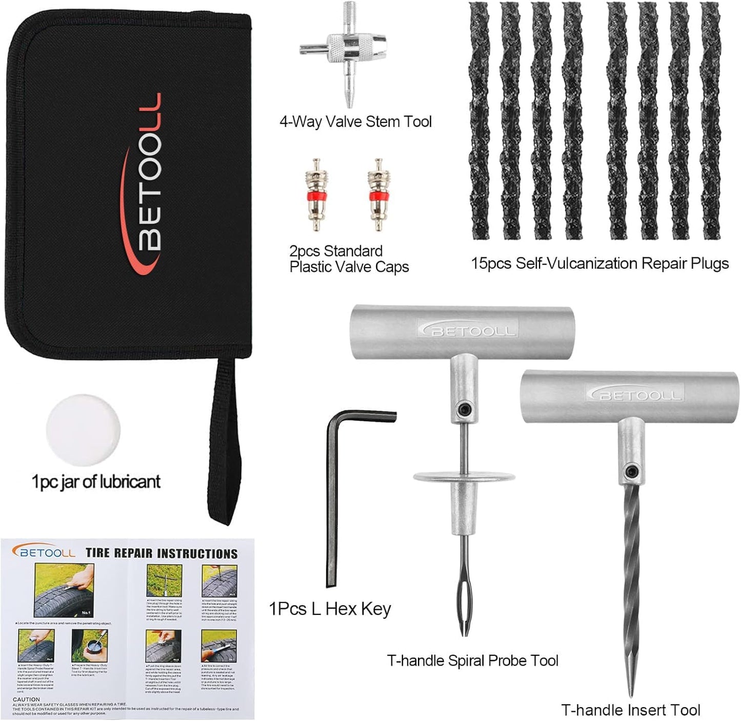 Tire Repair Kit, 24 Pcs Professional Heavy Duty Universal Emergency Flat Tire Repair Kit to Fix Punctures, for car Motorcycle, Truck, Golf Cart, ATV, Tractor, ARB, RV, SUV, Trailer etc.(Black)