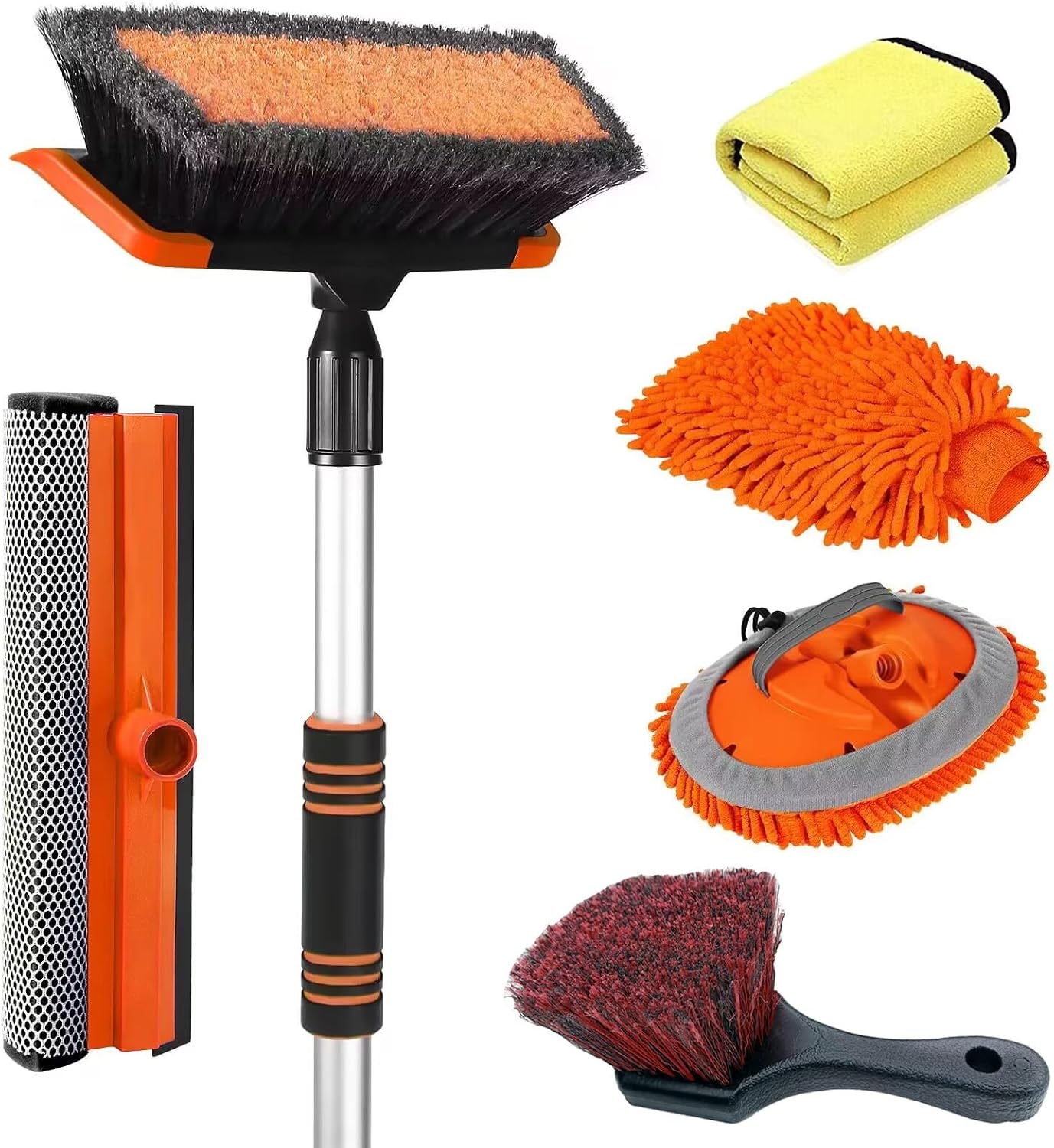 62'' Car Wash Brush with Long Handle, Soft Bristle Scratch-Free Car Wash Cleaning Detailing Brush Mop Kit Wash Mitt Towel Windshield Squeegee Wheel Tire Brush for Car SUV Truck RV Cleaning
