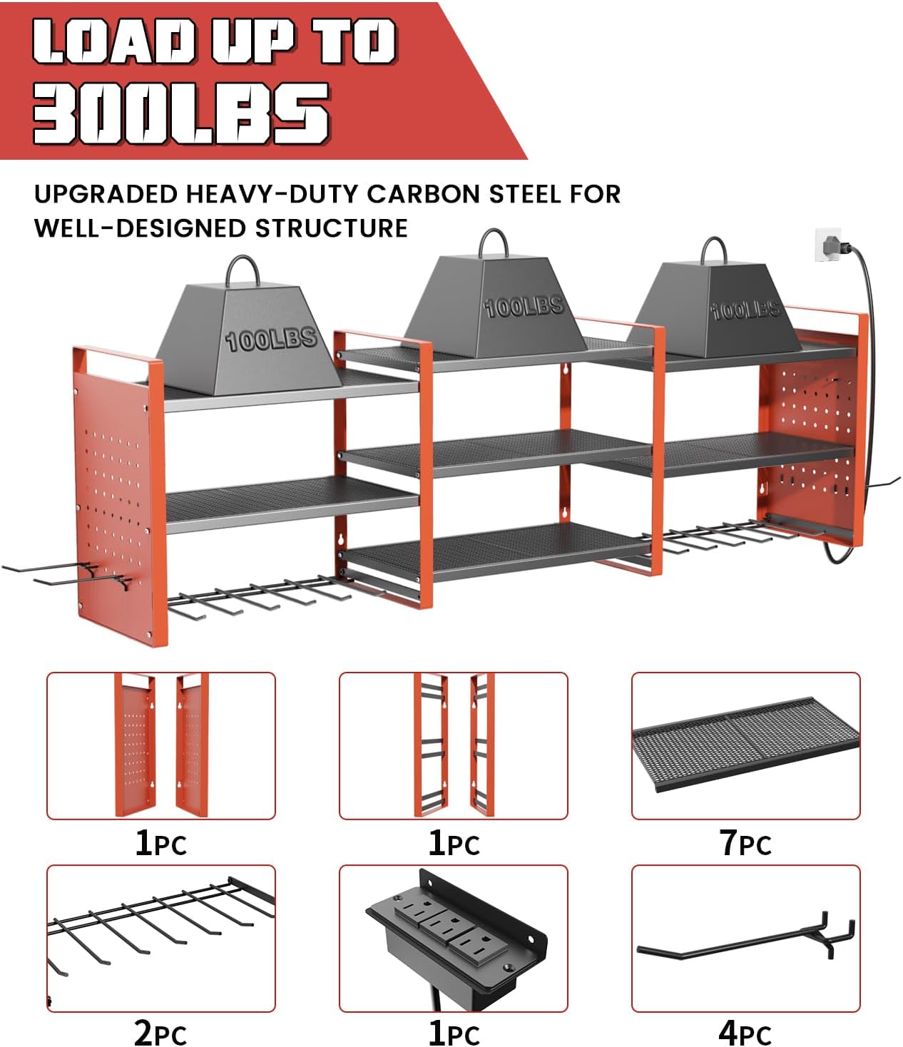 Heavy-Duty 48" Wall Mount Power Tool Organizer with Charging Station – 3-Tier Garage Organization Rack for Drills, Wrenches & Tools – Includes 16 Hooks & Pegboard Sides