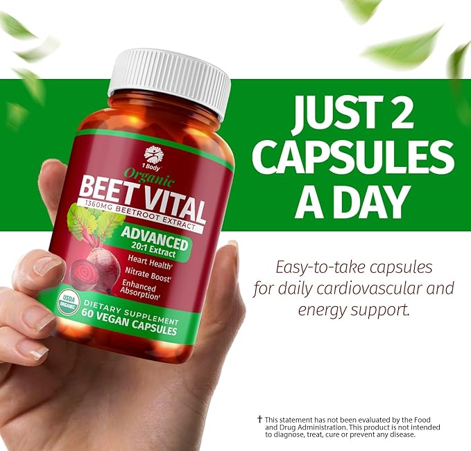1 Body Beet Vital, Organic Beet Root Supplements for Circulation, Energy, & Stamina, Nitric Oxide Booster Beets Supplements with 1360mg Beetroot Extract, Vegan, Non-GMO, 60 Beetroot Capsules