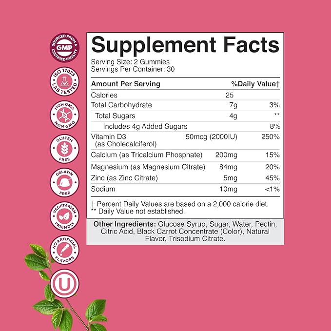 Calcium Magnesium Zinc Gummies - Magnesium Zinc Calcium Supplement Gummies with Vitamin D3 for Teeth and Bone Health - Certified Kosher Non-GMO Gelatin Free & Vegetarian Friendly (1 Month Supply)