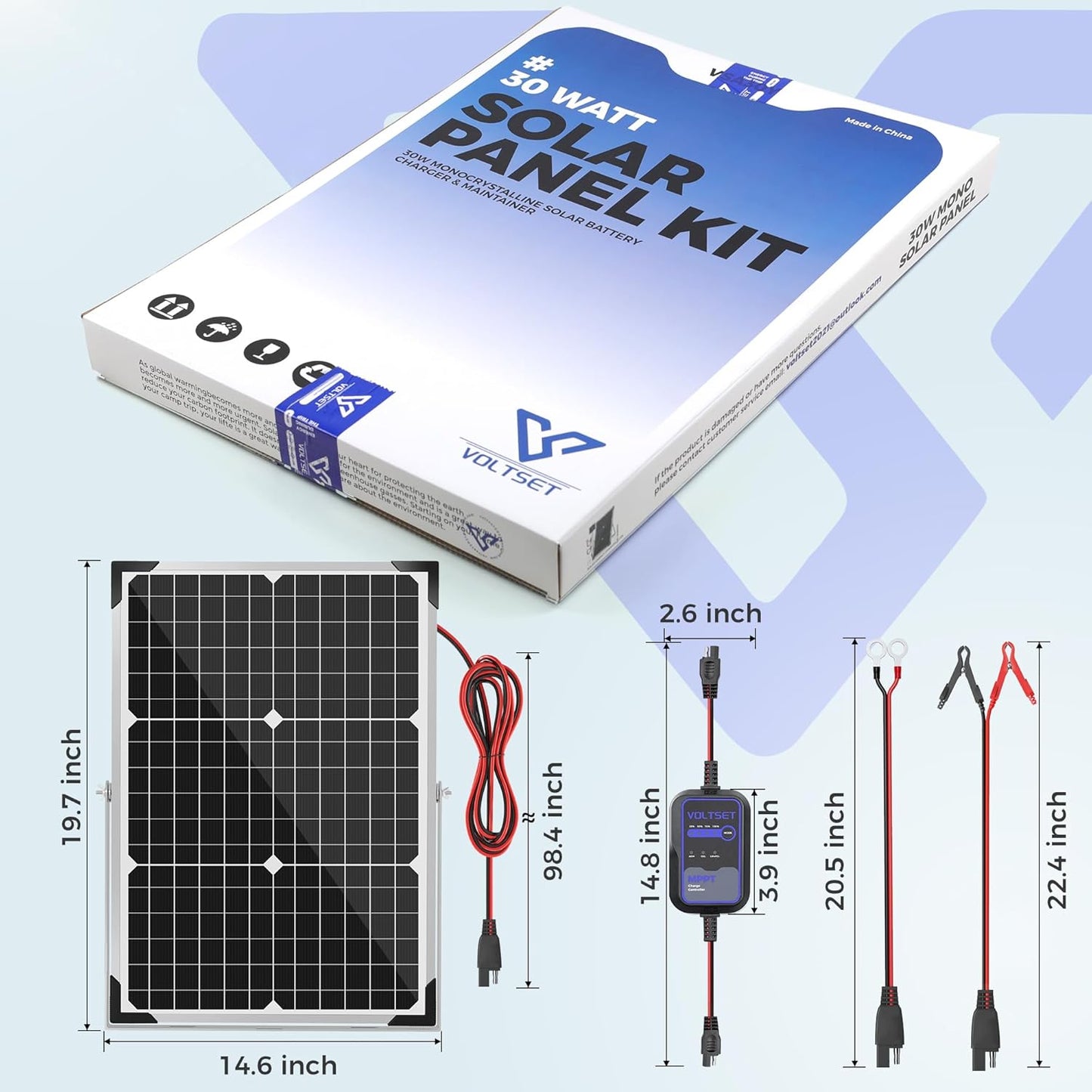 Solar Panel Kit 30W 12V with MPPT Controller, Solar Battery Trickle Charger Maintainer, Waterproof Solar Panel with Adjustable Mount Bracket for Boat RV Motorcycle Marine