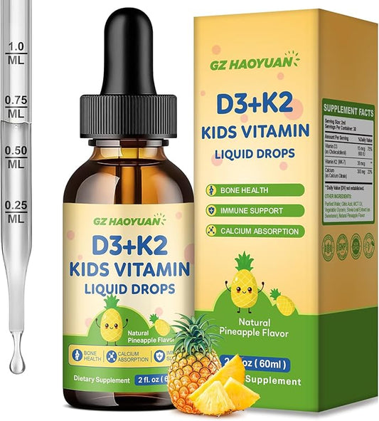 Kids Vitamin D3 K2 Drops, Vitamin D3 K2 (MK-7) Supplement with Calcium for Kids & Adults - Support Strong Bones, Teeth & Immune, Sugar Free Pineapple Flavor 2 FL OZ