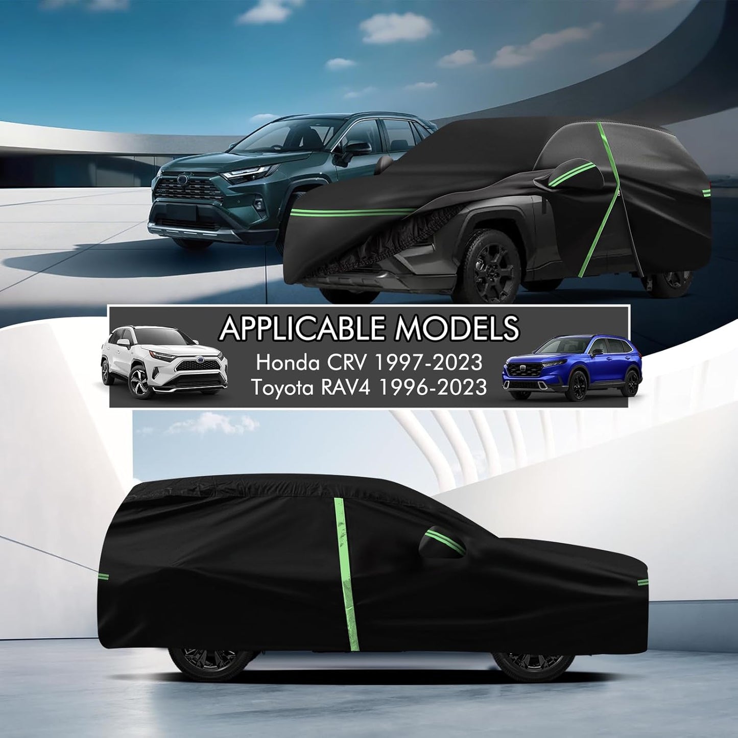 Car Cover for Honda CRV 1997-2025, Toyota RAV4 1996-2025, 210D Outdoor Waterproof UV Protection, Rain Sun Snow Protector with Cotton Layer, Zipper Door, Reflective Strip, Storage Bag