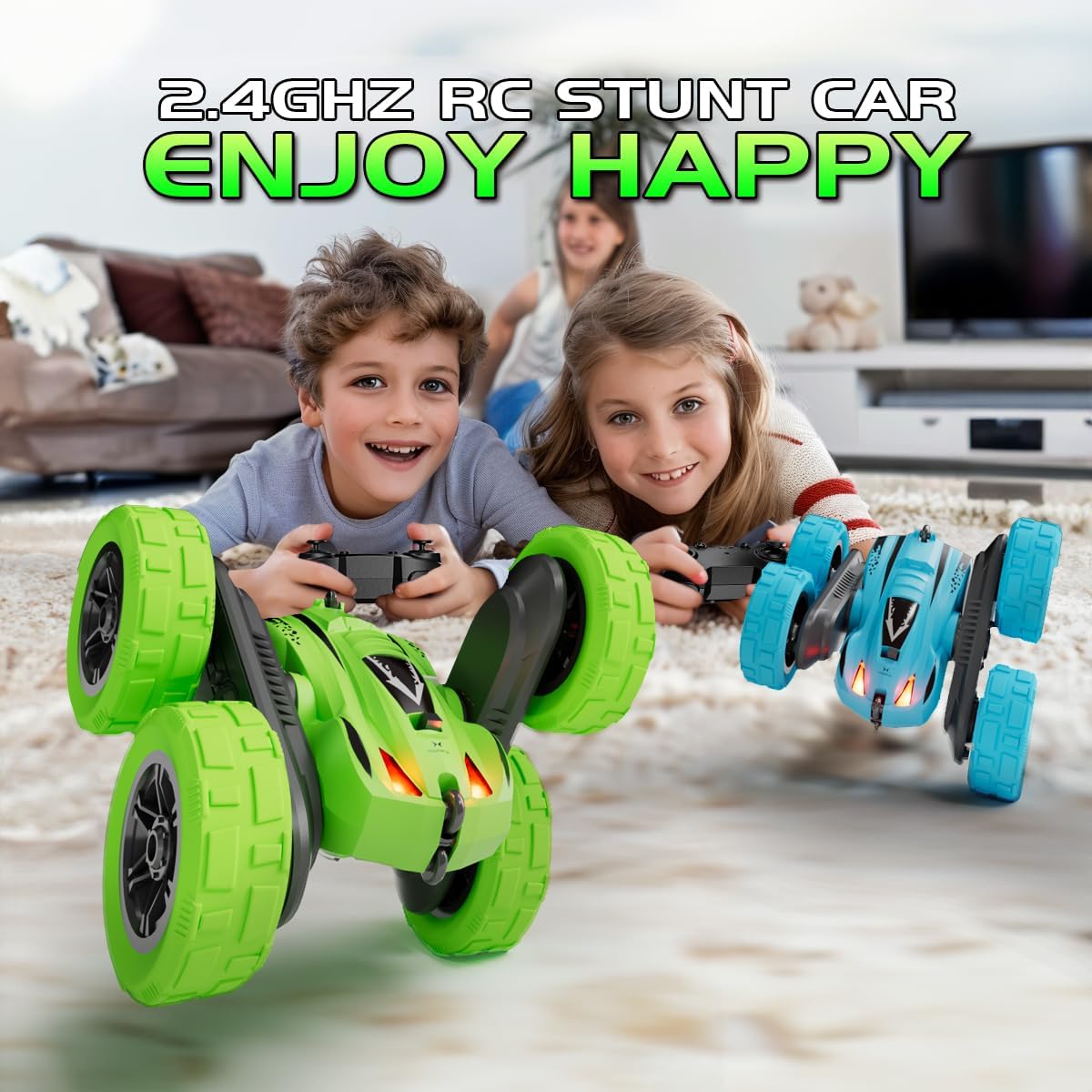 Remote Control Car for 6-12 Year Old Double Sided 360°Rotating 4WD RC Cars with Headlights 2.4GHz Rechargeable Electric Stunt Race Car Toy for Boys Girls Birthday Gifts(Green)