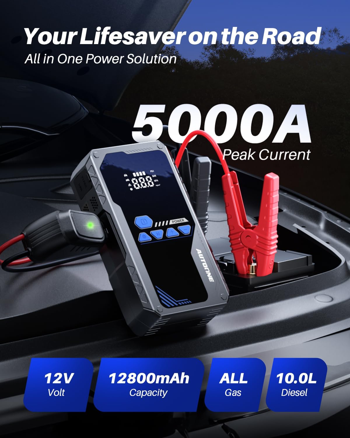 AUTOONE 5000A Jump Starter with Air Compressor (All Gas/10L Diesel), 150PSI Car Battery Jumper Starter Portable, Jump Box Tire Inflator with LED Flashlight, LCD Display, Storage Case