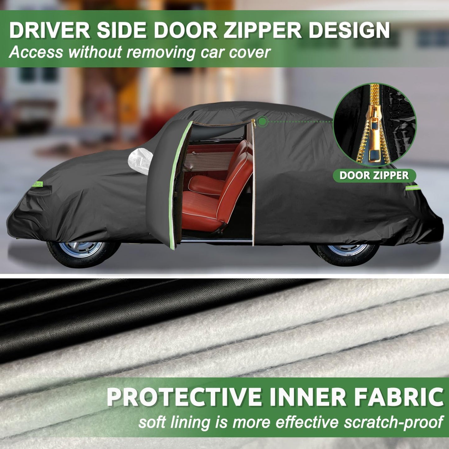 Car Cover for 1960-1980 Beetle Bug Sedan 2-Door,Full Exterior Car Covers for Automobiles All Weather Waterproof Heavy Duty,Zipper/Cotton Design Rain Snow Sun Winter UV Proof【210T Taffeta】- Black