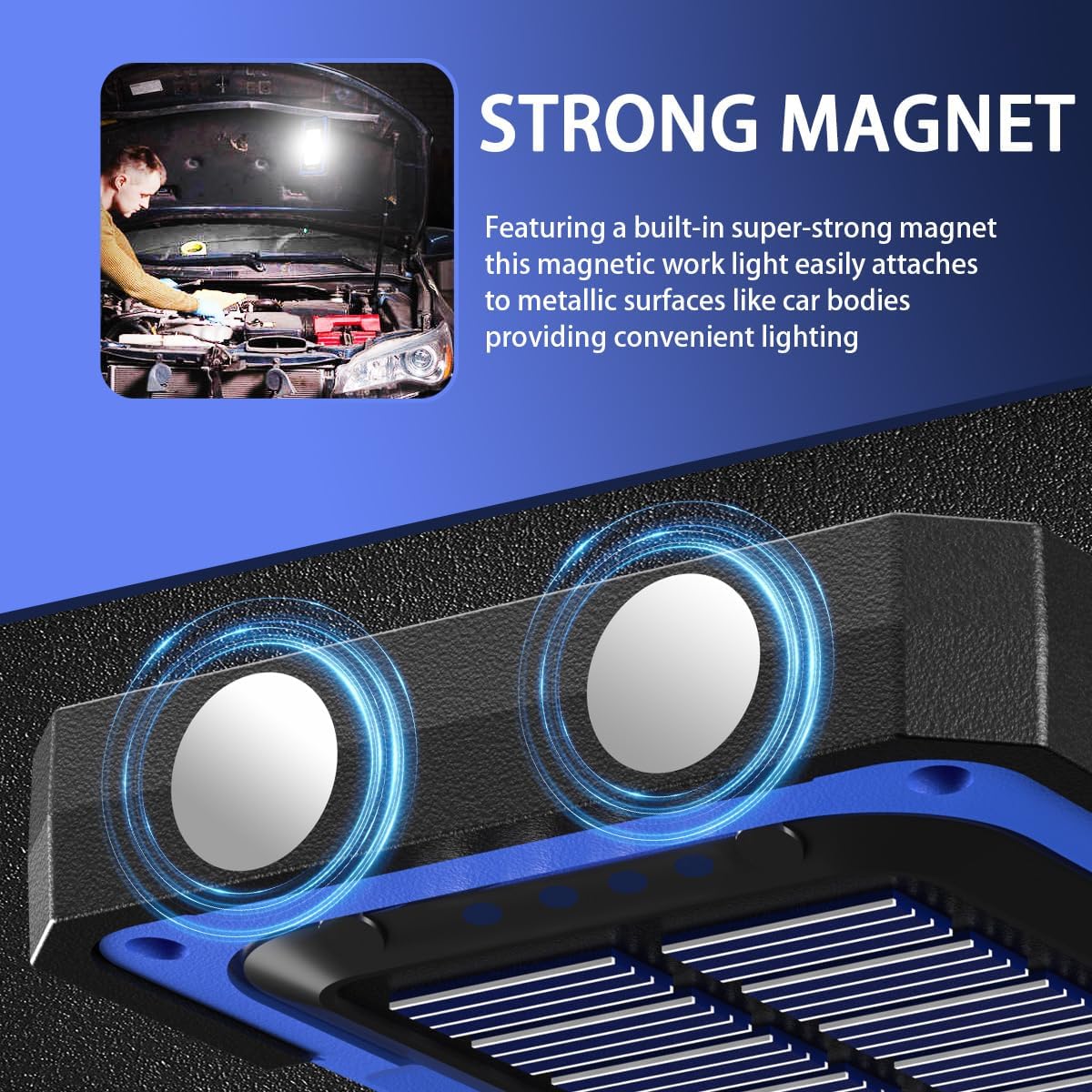 WARSUN Led Work Light Rechargeable, Portable Magnetic Work Light, LED Flood Light Waterproof for Outdoor Camping Hiking Emergency Car Repairing (USB + Solar Charging, Blue)