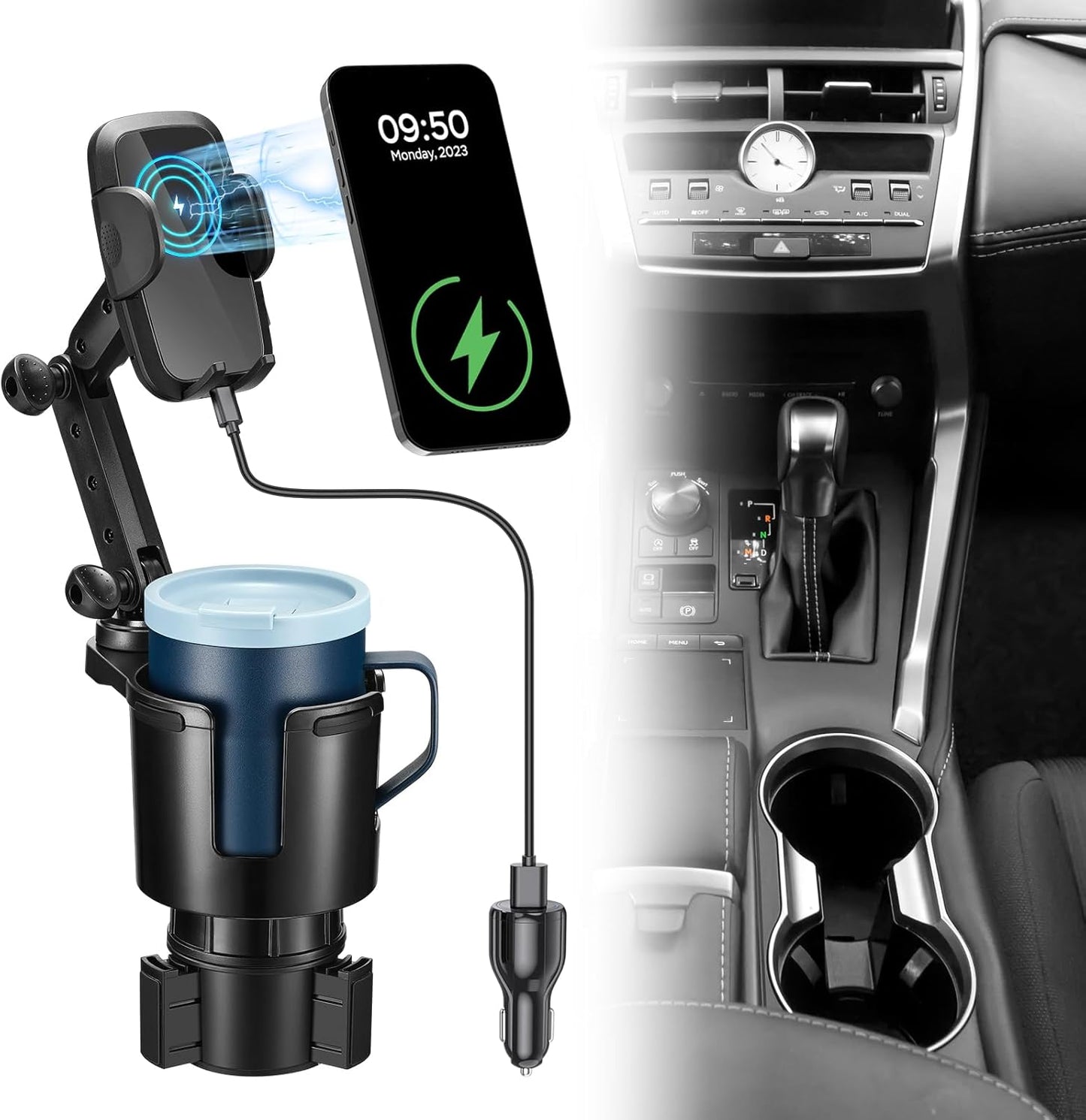 This Hill Cup Holder Phone Charger, 15W Fast Charging Auto Clamping, Phone Holder for Cup Holder Charger with Adjustable Base & 360° Rotation Compatible for All Smartphones(with Car Adapter)
