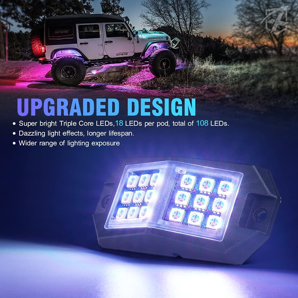 Xprite RGB LED Rock Lights Wide Angle Bluetooth Multicolor Neon Lighting Footwell Underglow Kits w/Wireless Remote, Compatible Jeep Off-Road Trucks Cars UTV ATV SUV RZR Motorcycles Boats 6 Pods