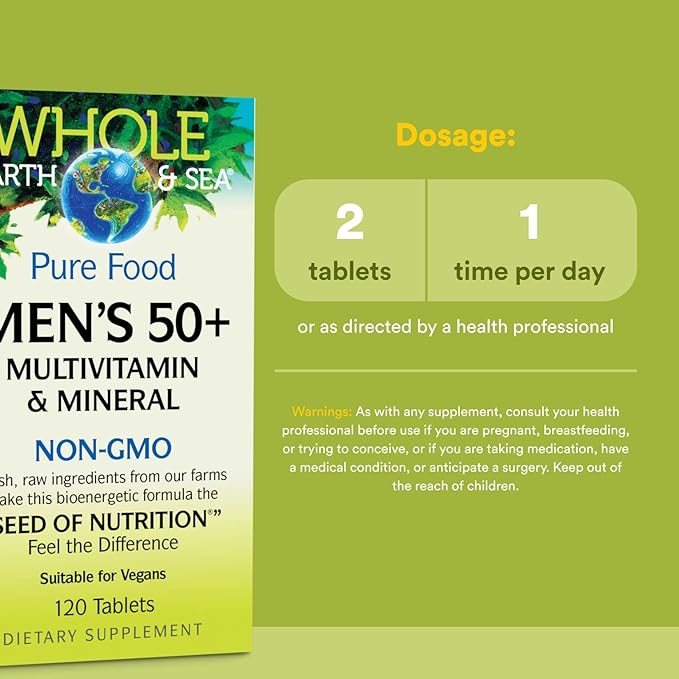 Natural Factors Whole Earth & Sea Men's 50+ Multivitamin & Mineral, 1 Serving Contains Nutrition Equivalent to ½ lb of Veggies, 120 Tablets