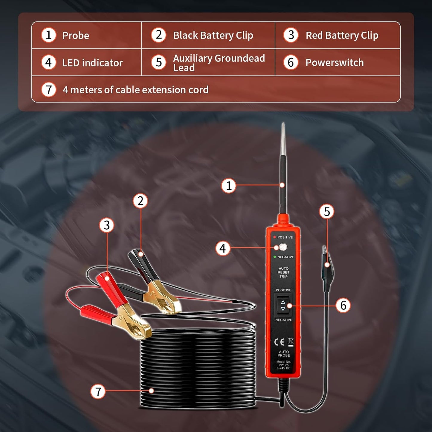 Power Short Circuit Probe Tester, 6V-24V LED Test Light, Short-Circuit Tracking Location and Buzzer Alarm, Automative Circuit Tester with Polarity & Continuity Test Function