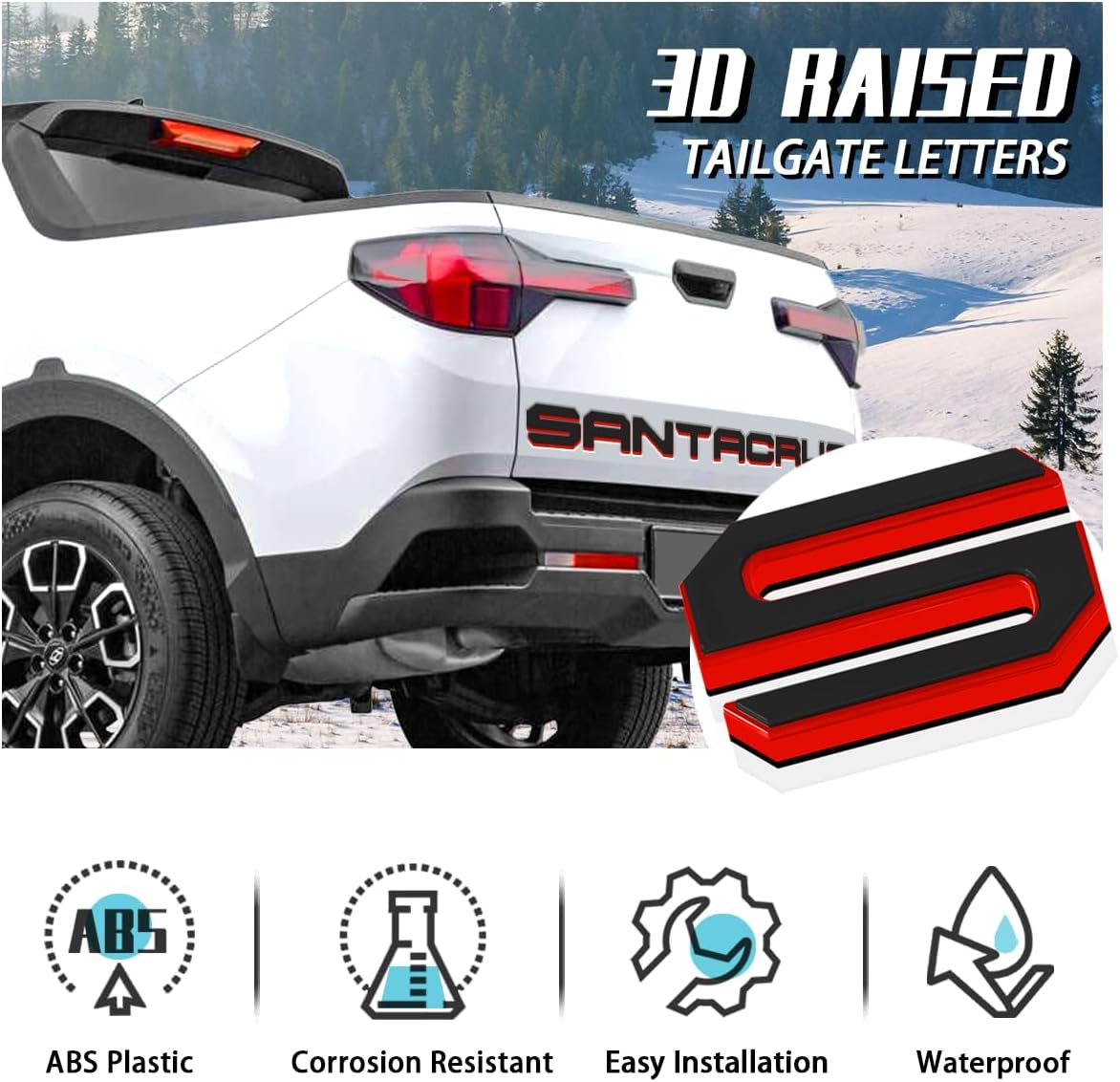 Tailgate Insert Letters Compatible for 2022 2023 2024 2025 Santa Cruz 4D Raised Tailgate Decal Letters (Double Layer Red Edge Black Faced)