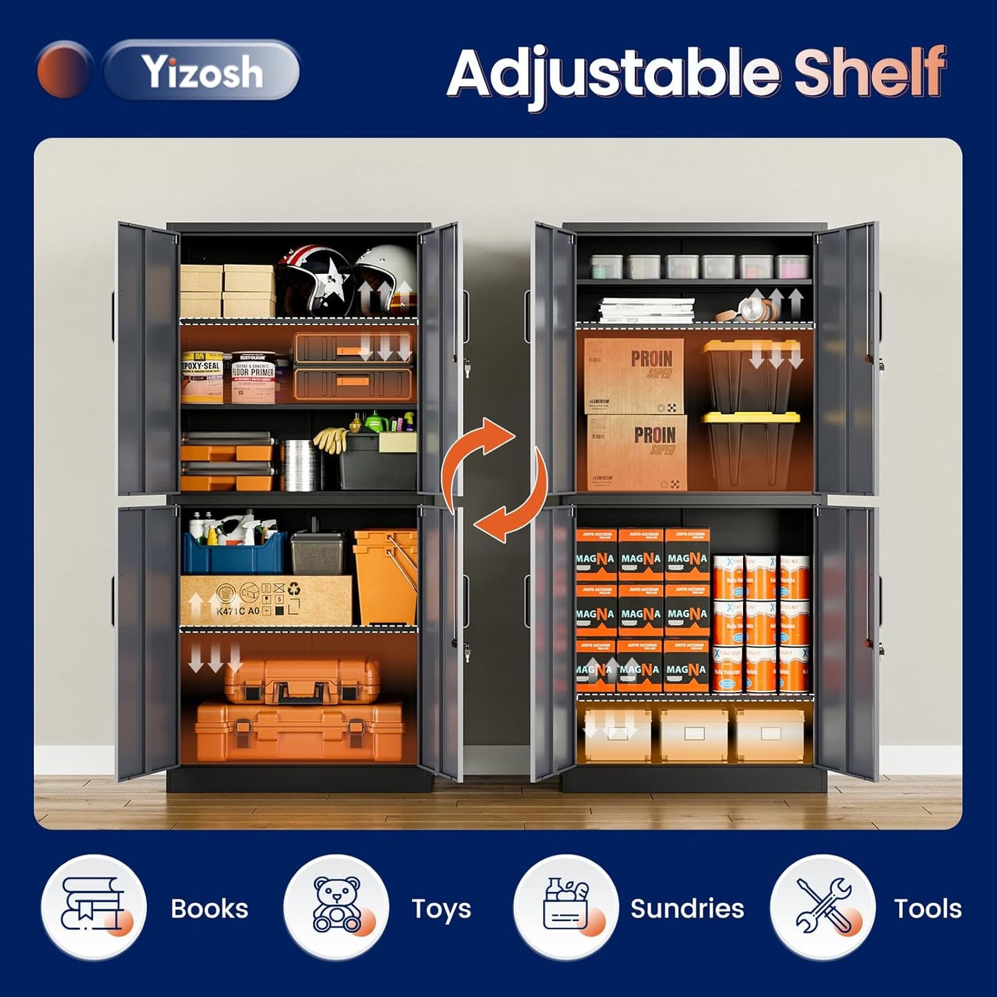 Yizosh Metal Storage Locking Cabinet with 4 Doors and 2 Adjustable Shelves,71" Lockable Garage Tall Steel Cabinet,for Home Office,Living Room,Pantry,Gym,Commercial Storage (Gray Black)