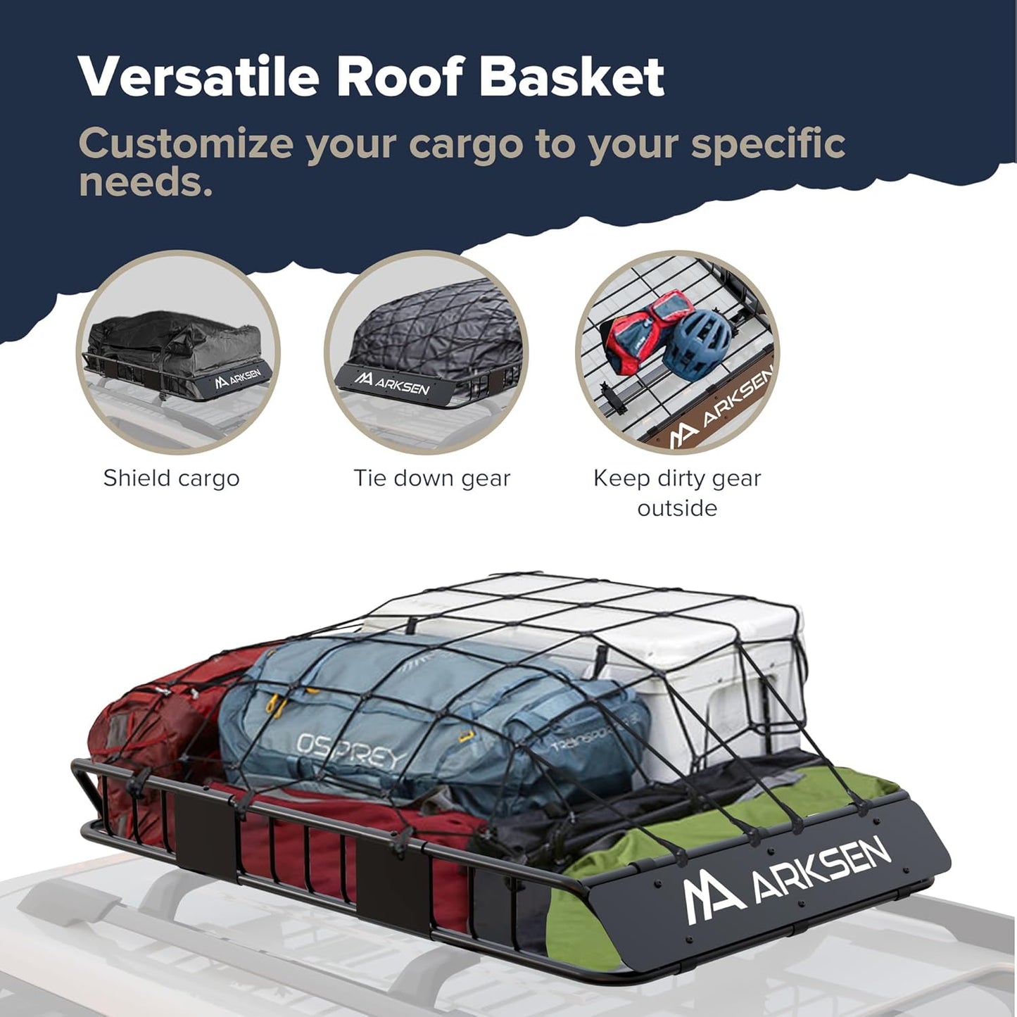 ARKSEN 54 x 34 x 6 Inch Universal Roof Rack with Extension, 600D Waterproof Bag, 2 Ratchet Straps&Net, 150 LBS Capacity Heavy Duty Rooftop Cargo Basket for SUV, Truck, RV, Pickup