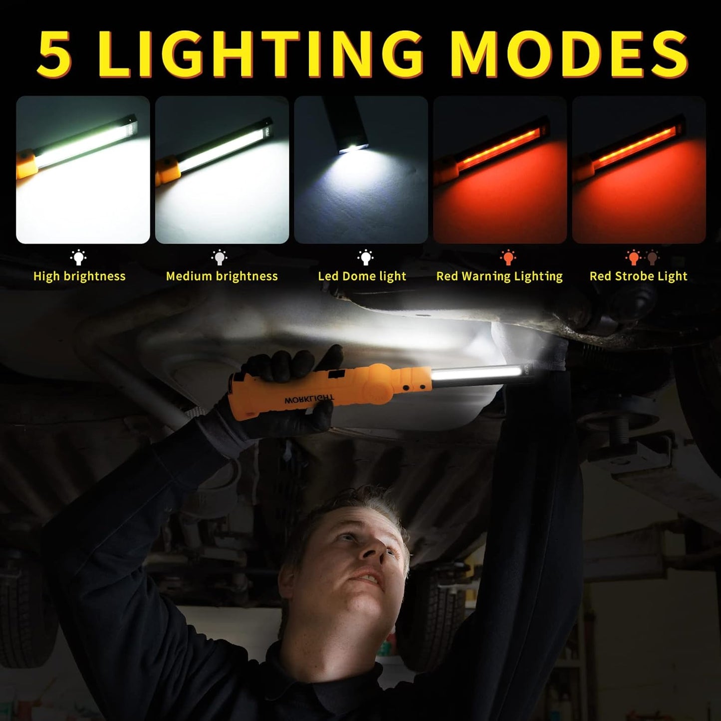 LED Worklight Flashlight, Suranew COB Rechargeable Work Lights with Magnetic Base 360 Degree Rotate and 5 Modes Portable Flood Light Inspection Construction Light for Car Repair (Yellow, 2 Pack)