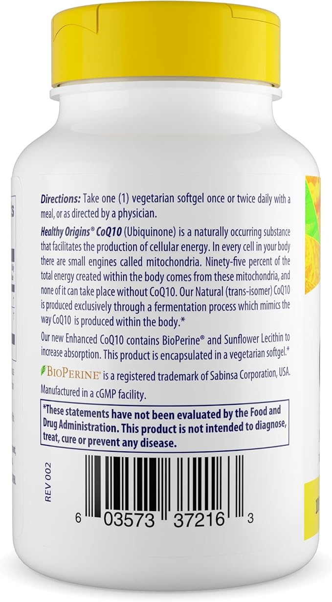 Healthy Origins Natural Enhanced CoQ10 (BioPerine®), 100 mg - Heart Health & Energy Supplement - Gluten-Free & Non-GMO Supplements, with BioPerine & Sunflower Lecithin ((Pack of 1) 60 Veggie Gels)