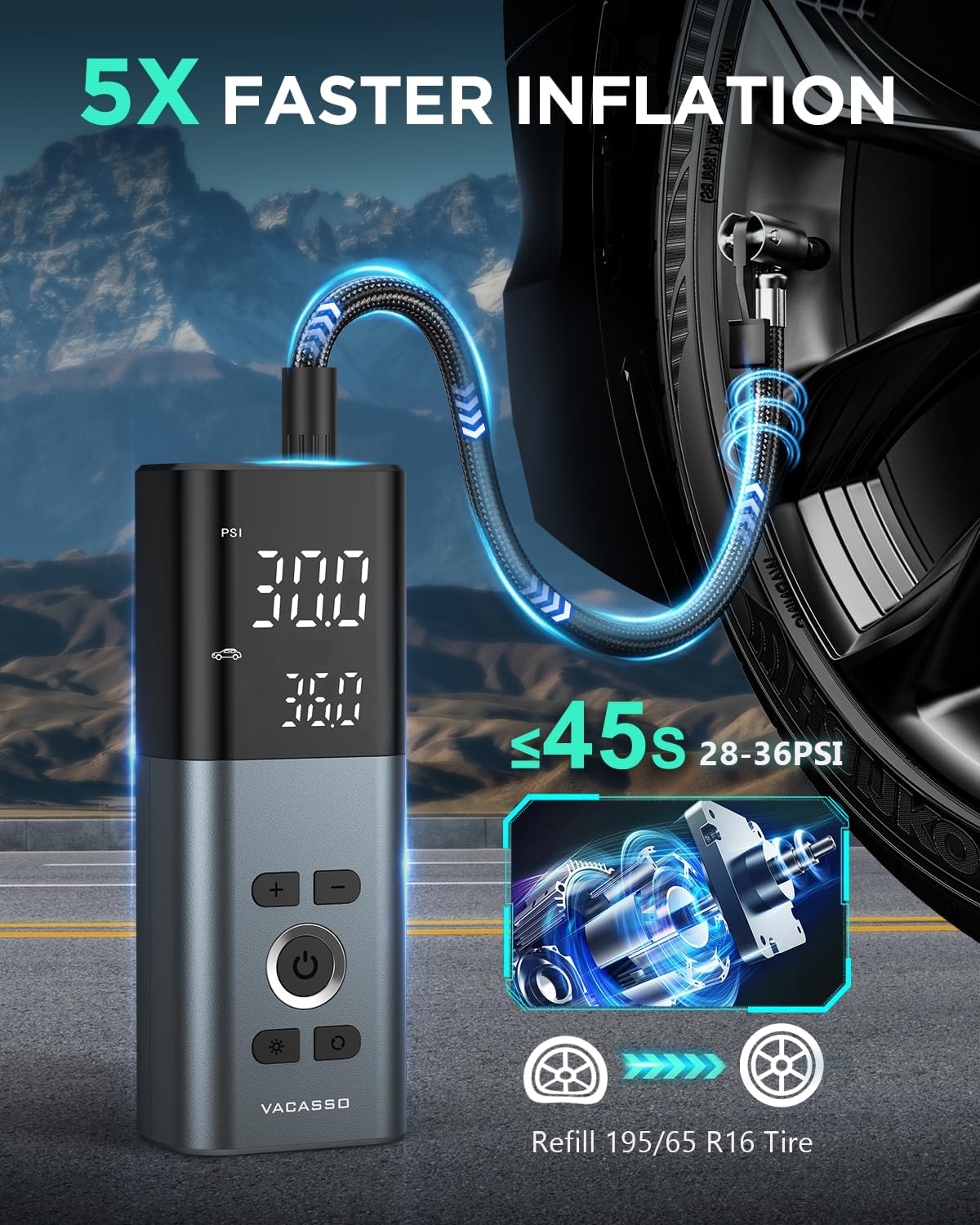 Tire Inflator Portable Air Compressor, 150PSI Air Pump For Car Tires with Accurate Tire Pressure Gauge, 20,000mAh Cordless Air Compressor for Car, Motorcycle, Bike, Balls and More, Smart Autostop