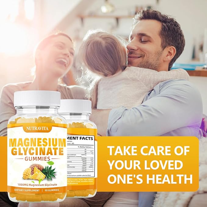 Magnesium Glycinate Gummies 1000mg with Magnesium L-Threonate,Chelated Magnesium Potassium Complex Supplement with VitD, B6, CoQ10, Calcium,Supports for Memory, Calm, Mood - 90 Mango pineapple Gummies