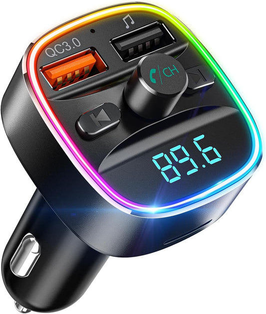 Nulaxy Bluetooth FM Transmitter, Bluetooth Car Adapter with Dual USB Charger Wireless Radio Car Kit MP3 Player Support TF Card & USB Disk, Hands-Free Calling, 7 Colors Led Backlit Light, Black