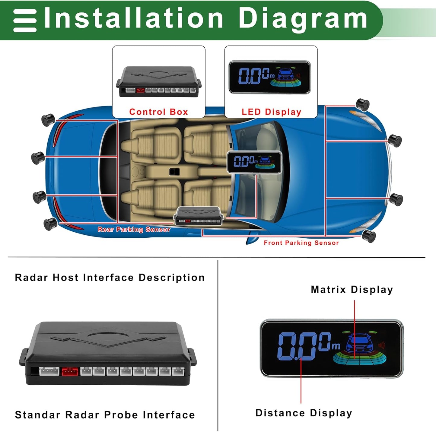 Motoforti Auto Vehicle Reverse Backup Radar System Reverse Parking Sensors Sound Warning Alarm Buzzer Reminder Distance Detection Black 8 Parking Sensors