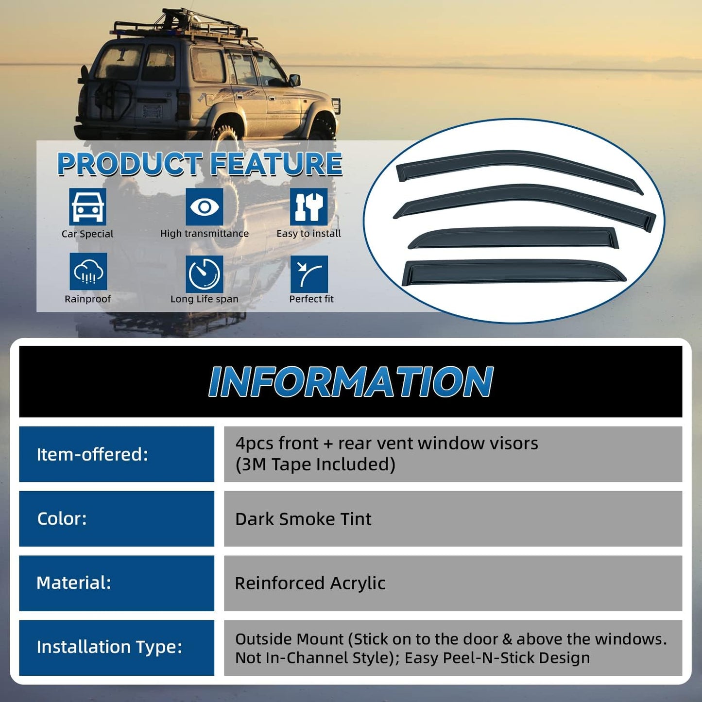 Set of 4 Window Visors Compatible with Ram 2009-2018 1500 2010-2018 2500/3500/4500/5500 Crew & Mega Cab with 4 Full Size DoorFront+Rear Smoke Sun/Rain Guard Outside Mount Tape-On Acrylic