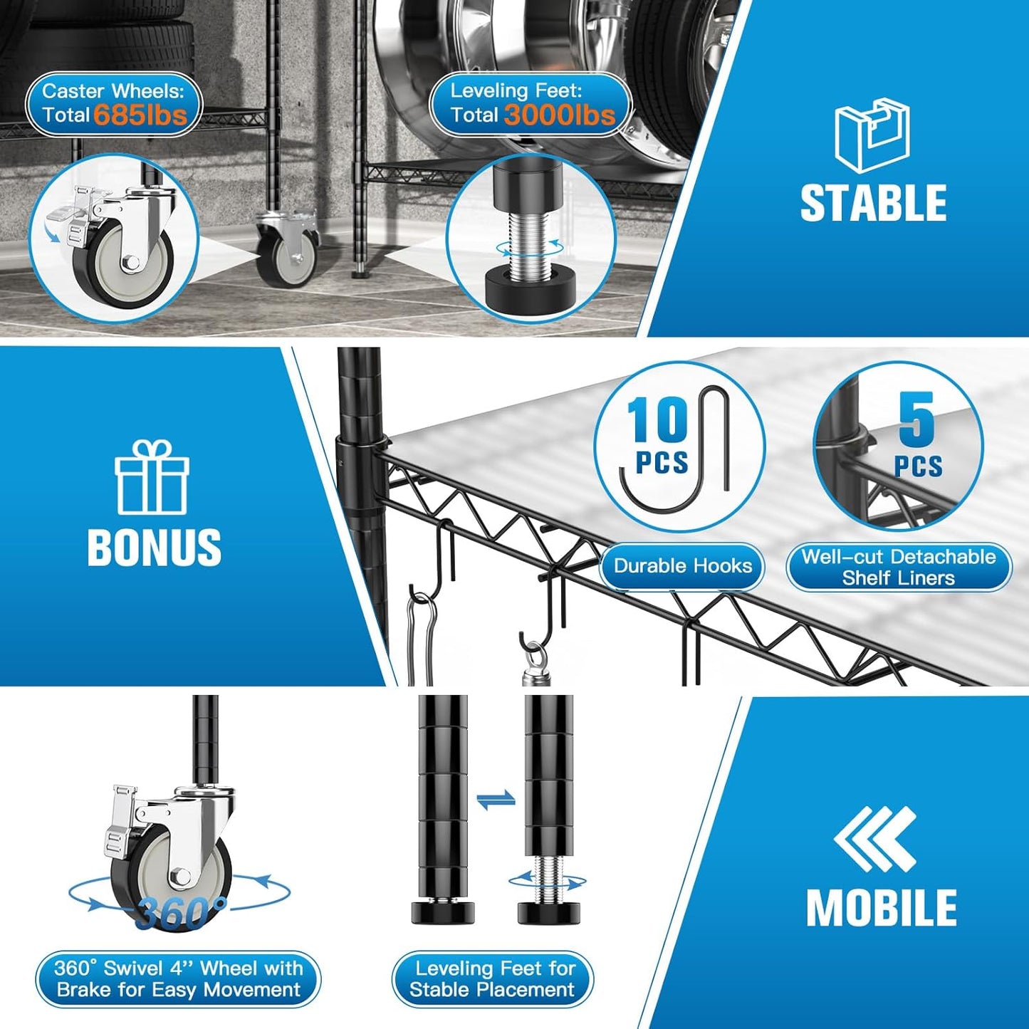Wire Shelving with Wheels, 48x18x72 Inch, 3000 Lbs Storage Shelves Heavy Duty, Commercial-Grade Adjustable Utility Shelf, NSF-Certified Metal Storage Rack with Shelf Liners, 5-Tier, Matte Black