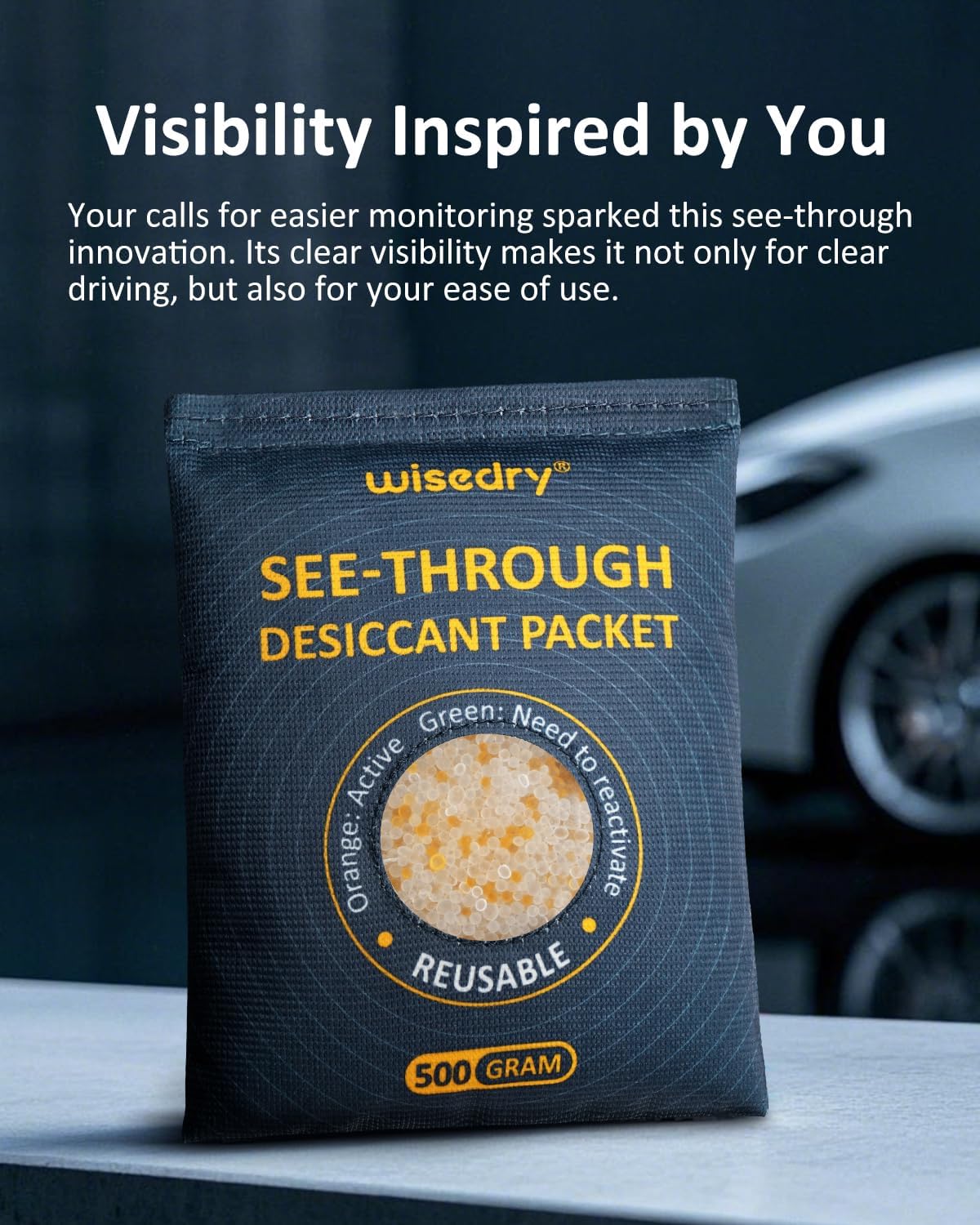 wisedry 2 x 500 Gram See-Through Silica Gel Car Dehumidifier Packets, Color-Indicating Desiccant Packs for Storage, Reusable Safe Dehumidifier, Heat Resistant Dehumidifier Bags