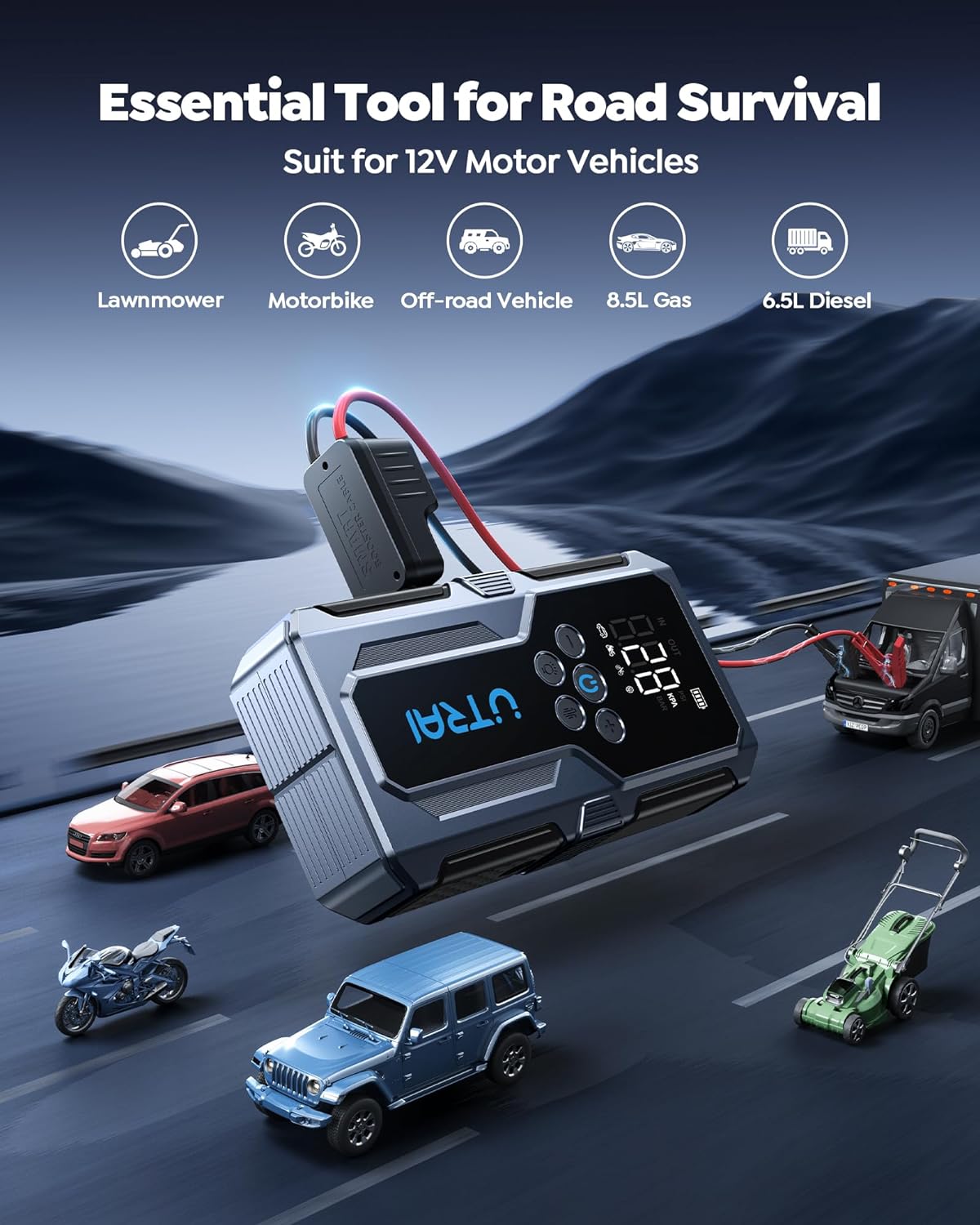 Car Jump Starter with Air Compressor, UTRAI 4000A 150PSI Car Jump Starter 12V Car Jumper Starter Portable Car Starter with LED Lights Jumper Cable, Storage Case (8.5L Gas/6.5L Diesel)